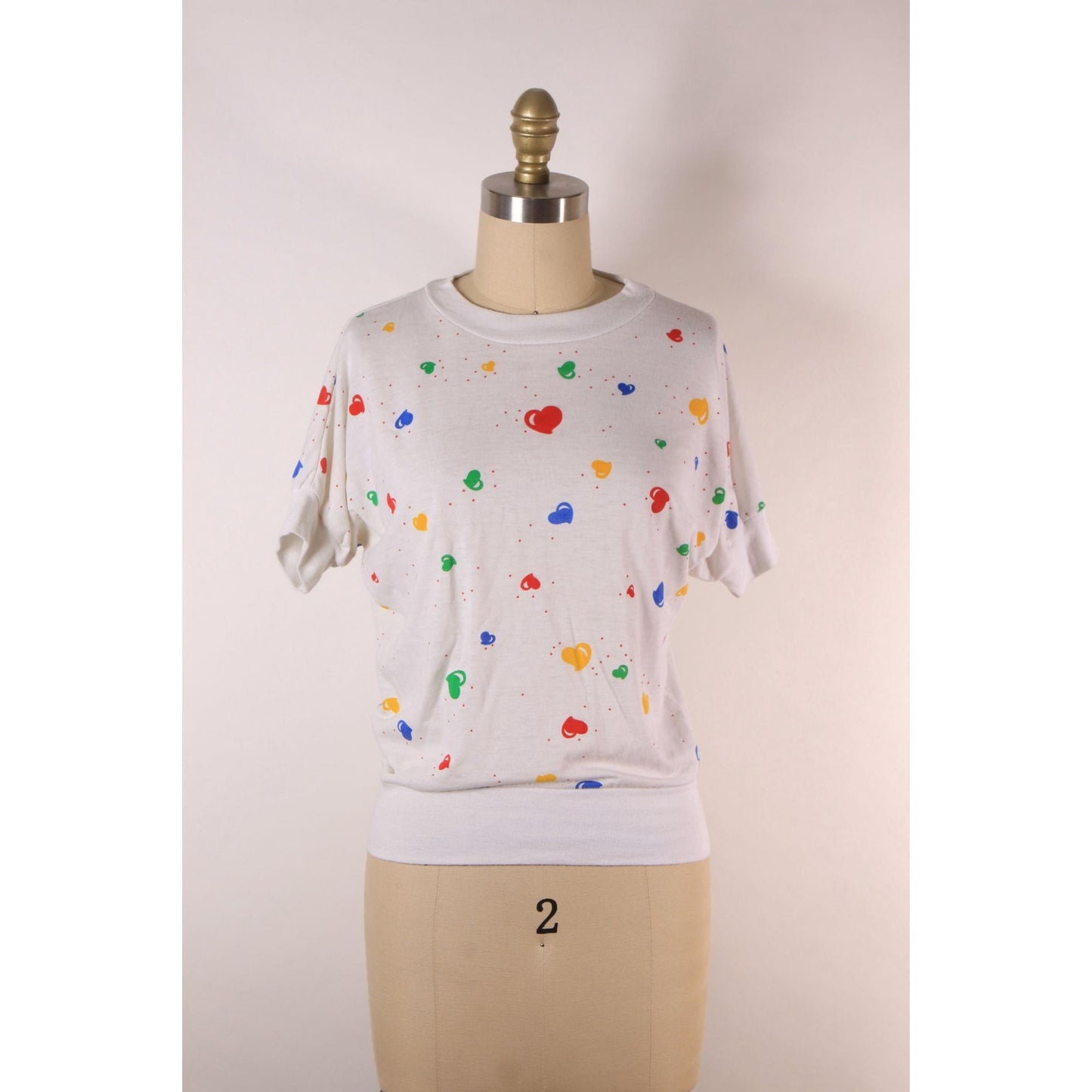 1980s White, Red, Yellow, Blue and Green Novelty Clowncore Heart Print Short Sleeve T-Shirt -S