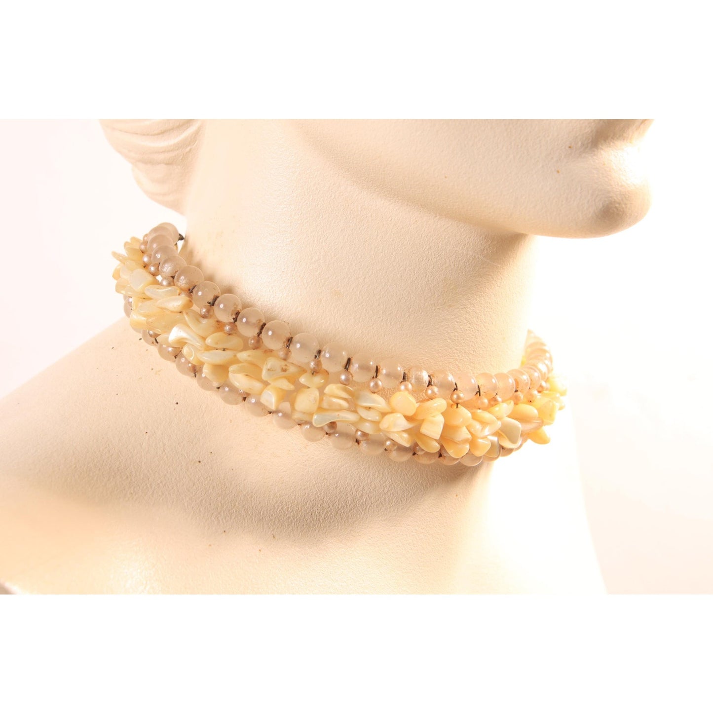 1950s Faux Pearl and Mother of Pearl Chip Wired Choker Necklace with Matching Bracelet