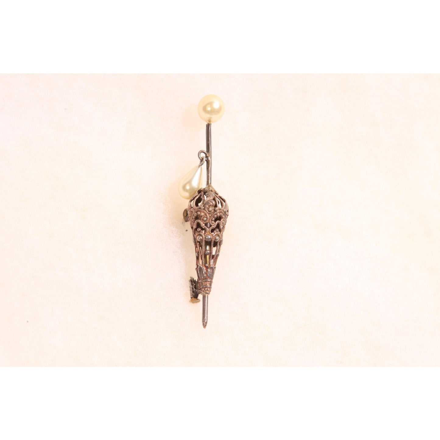 Antique 1920s Novelty Silver Tone Metal Faux Pearl Umbrella Parasol Brooch