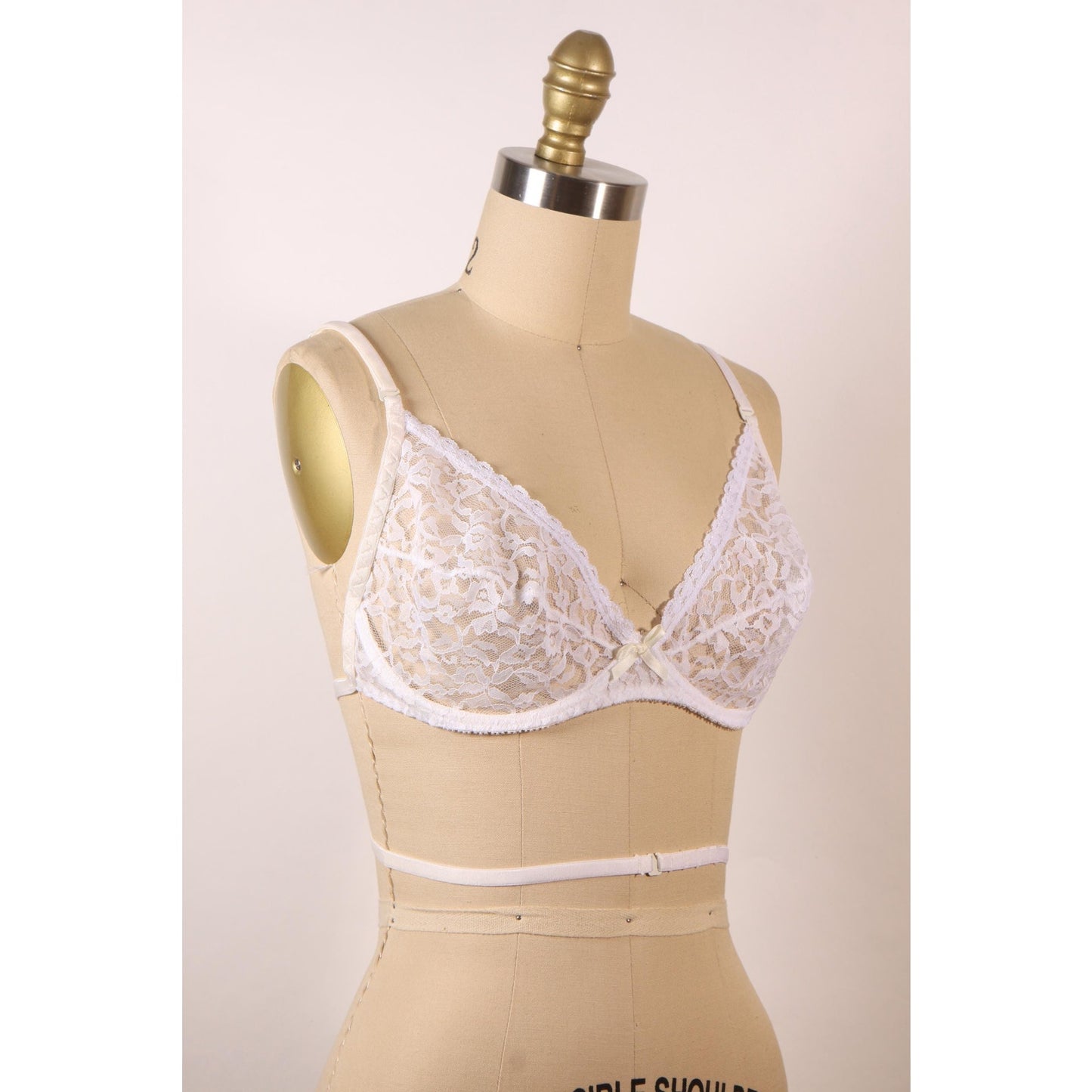 1970s Sheer White Floral Lace Bow Detail Underwire Criss Cross Low Cut Back Bra by Fredericks of Hollywood-38C