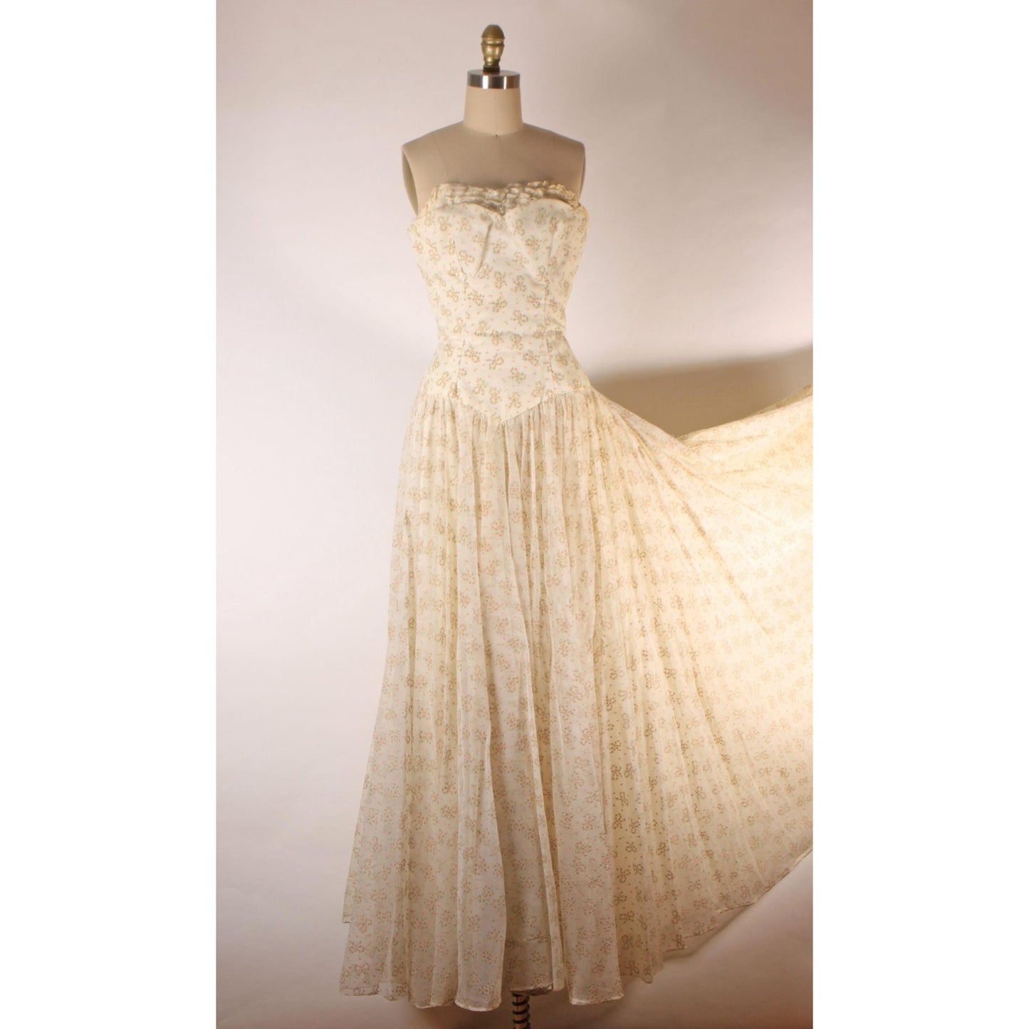 1940s Cream Off White Pink and Green Floral Bow Flocked Velvet Strapless Floor Length Formal Dress