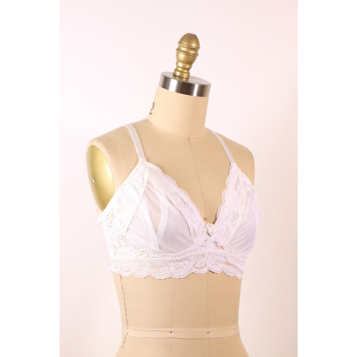 1980s White Sheer Lace Trim Bow Detail Bra by Fredericks of Hollywood-38C