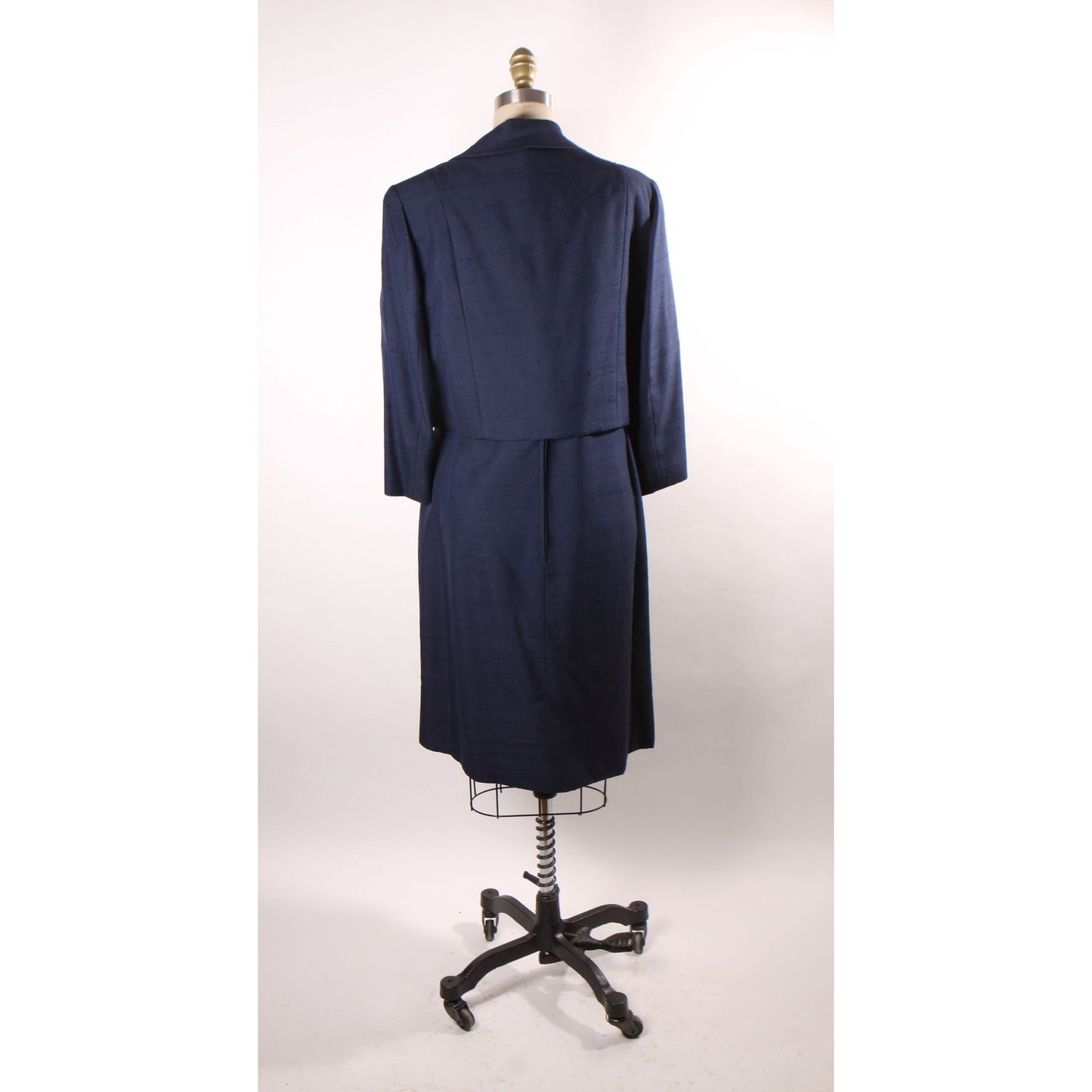 1960s Navy Blue Short Sleeve Sheer Lace Overlay Shift Dress with Matching Long Sleeve Jacket Two Piece Outfit Dress Suit -M-L