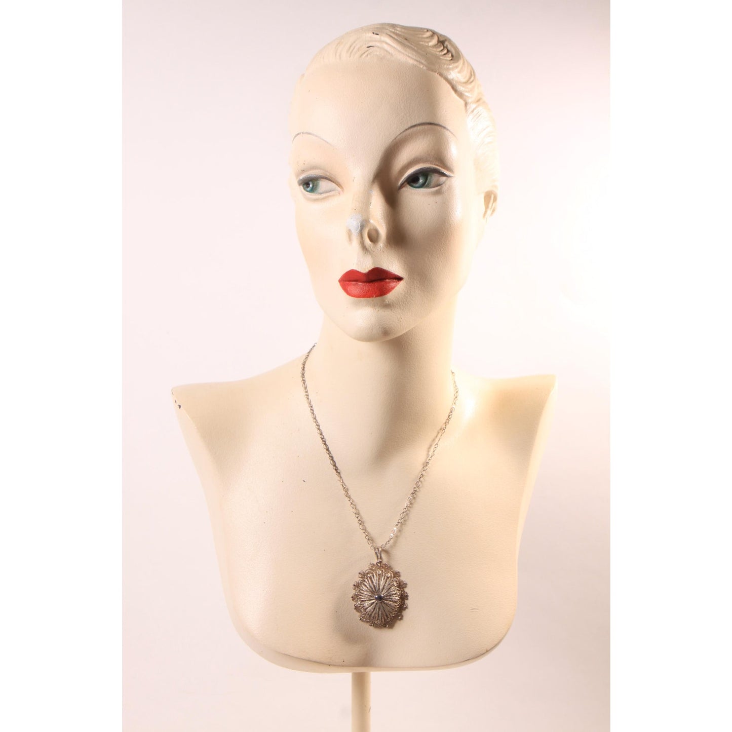 1950s Silver Tone Metal Filigree Indonesian Pendant Necklace