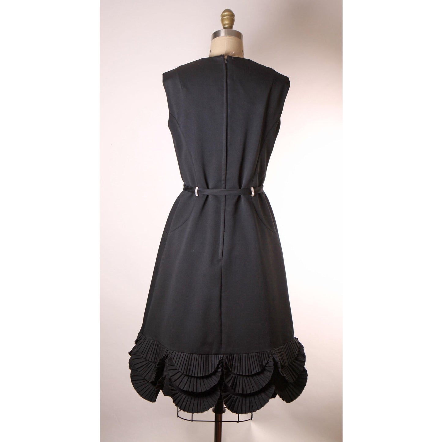 1960s Black Sleeveless V Neck Ruffle Scalloped Hem Rhinestone Detail Belted Formal Cocktail Dress -M