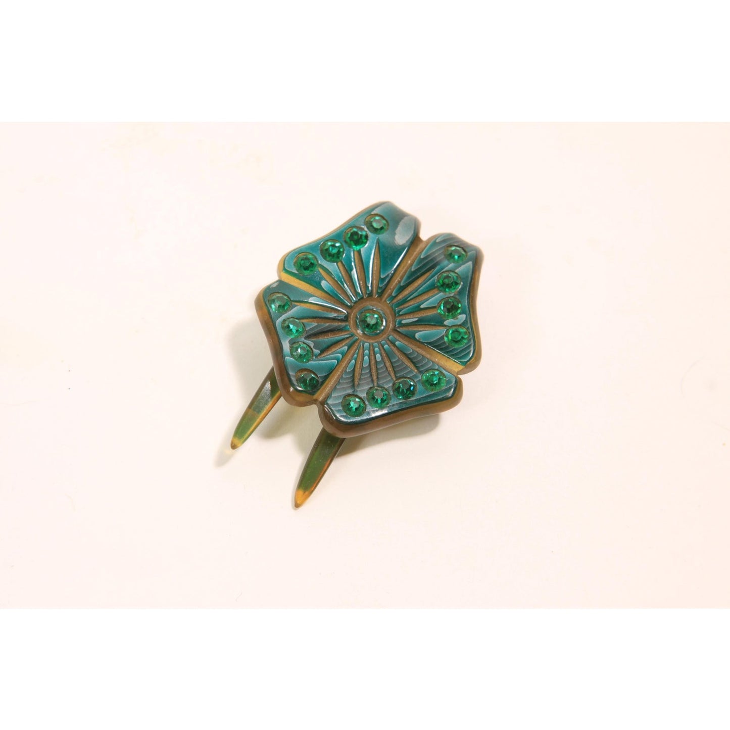 1930s Green Flower Floral Rhinestone Prong Hair Fork Comb