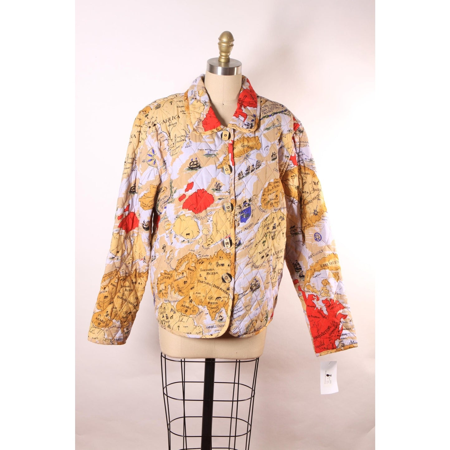 1980s 1990s Multi-Colored Novelty World Map Long Sleeve Quilted Jacket by Alex Kim by Allure -M