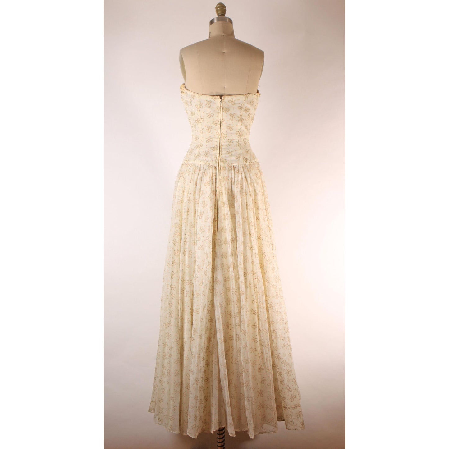 1940s Cream Off White Pink and Green Floral Bow Flocked Velvet Strapless Floor Length Formal Dress