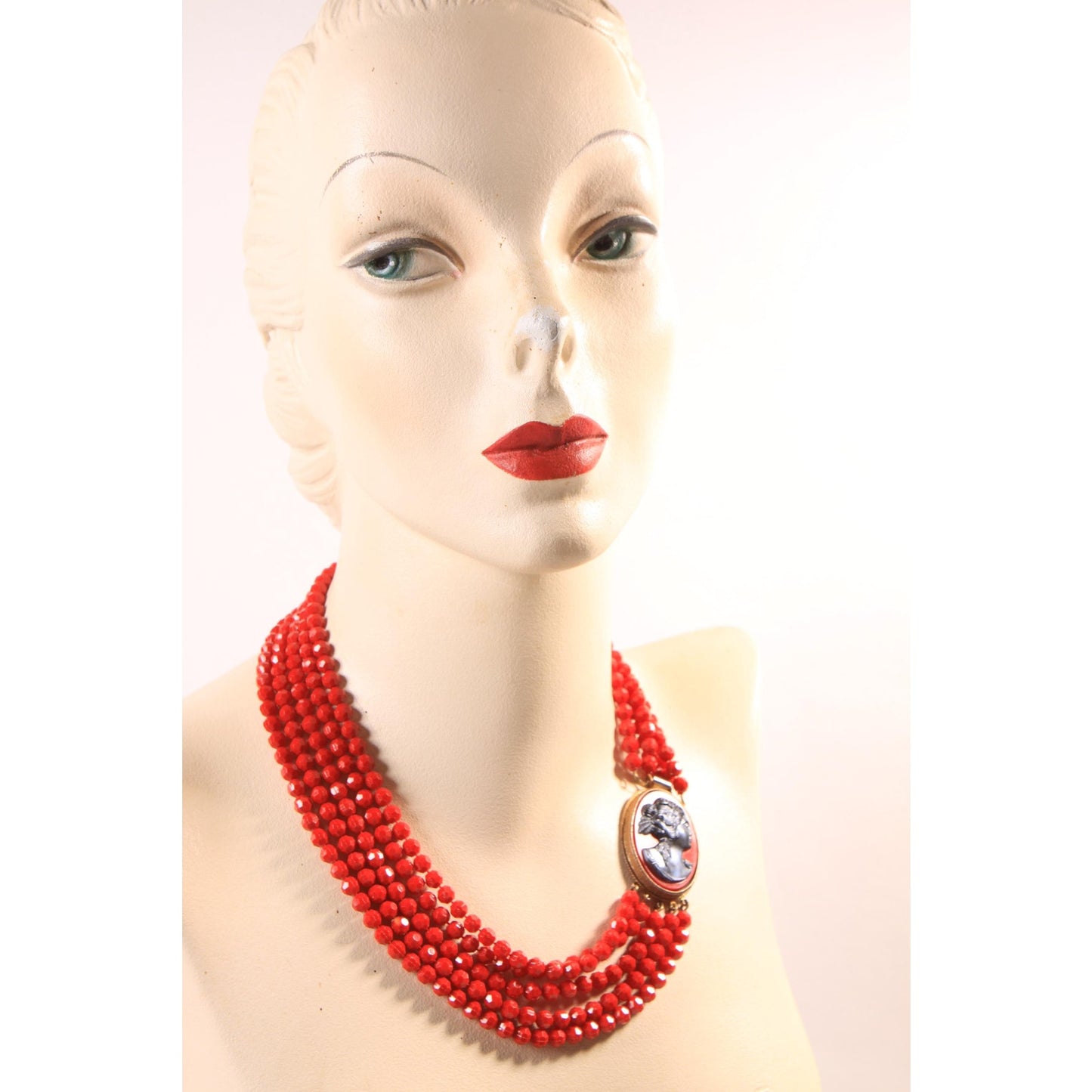 1950s 1960s Red Plastic Beaded Multi-Strand Red and Black Cameo Necklace