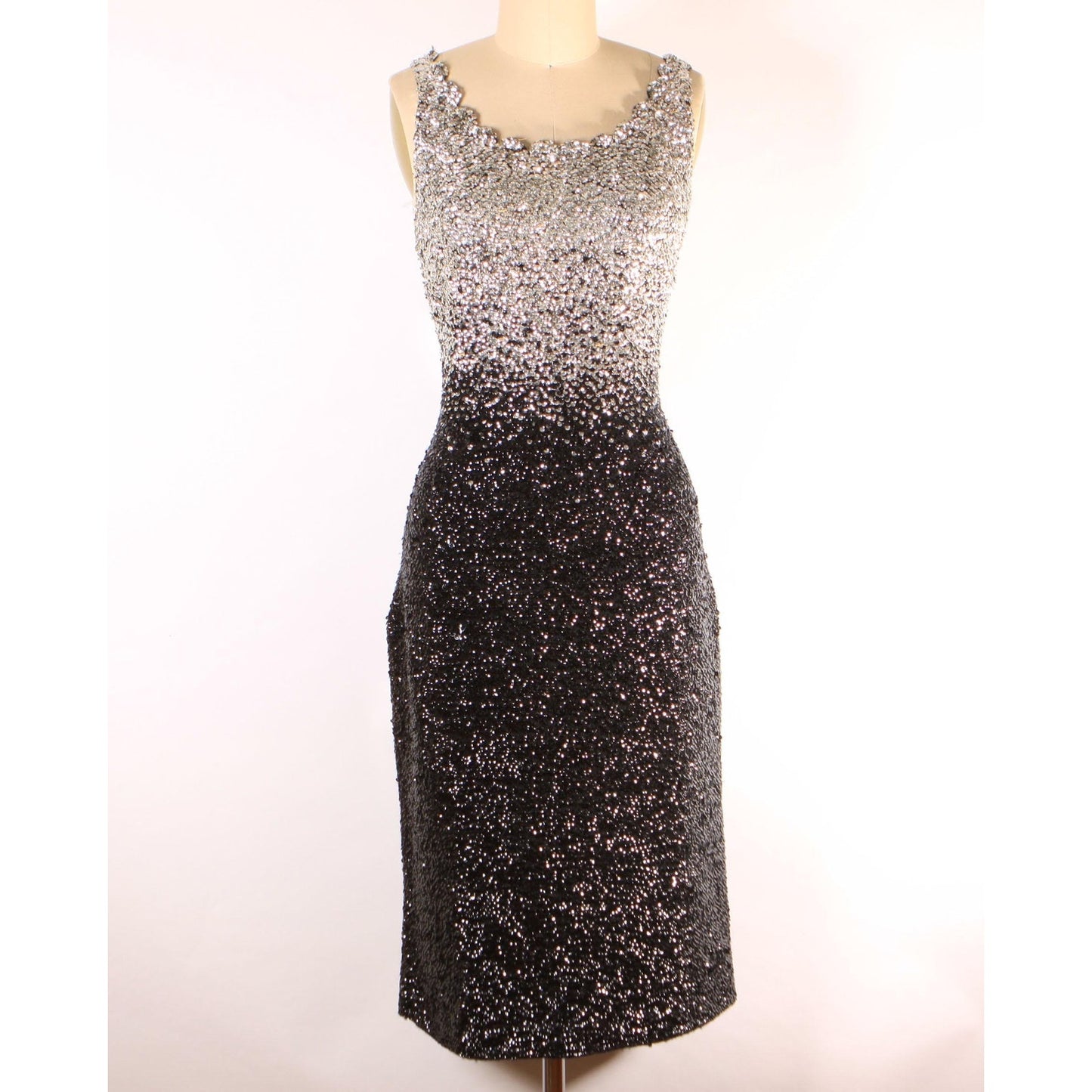 1950s Black and Silver Ombre Fade Metallic Sequin Bombshell Wiggle Dress with Matching Cropped Bolero Jacket by Gene Shelly -M