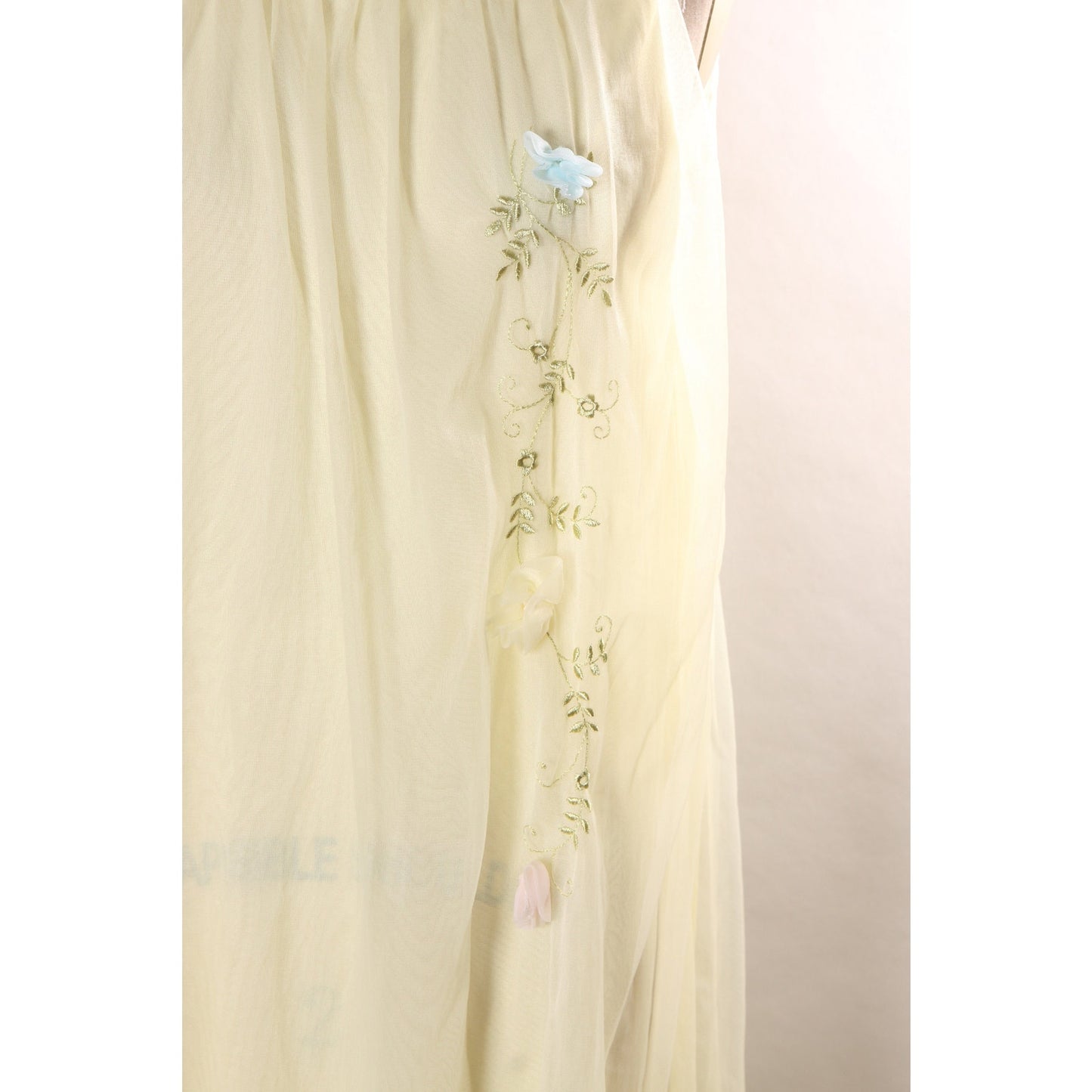1950s 1960s Yellow, Green and Blue 3D Flower Floral Nylon Lingerie Night Gown by Nan Flower -L