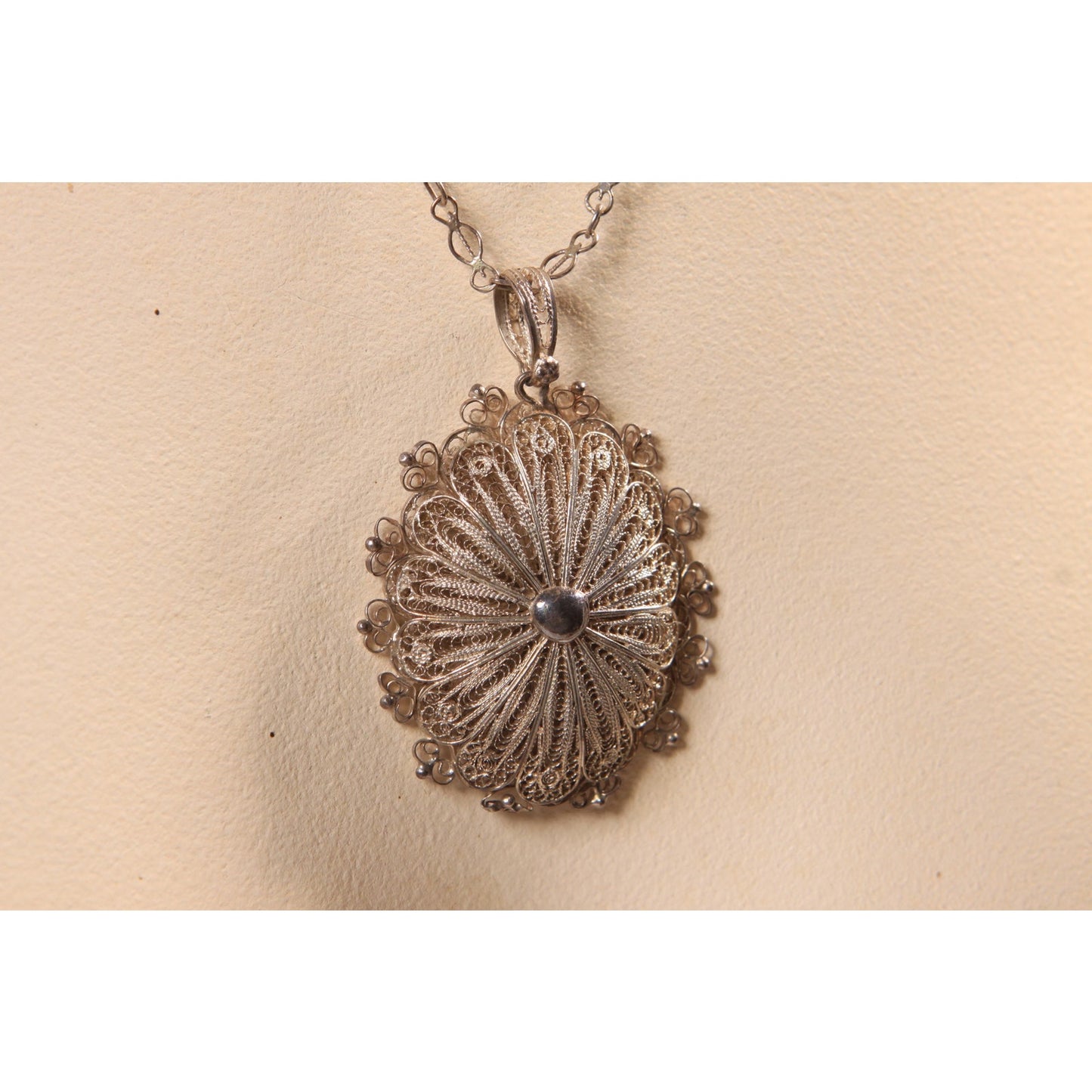 1950s Silver Tone Metal Filigree Indonesian Pendant Necklace