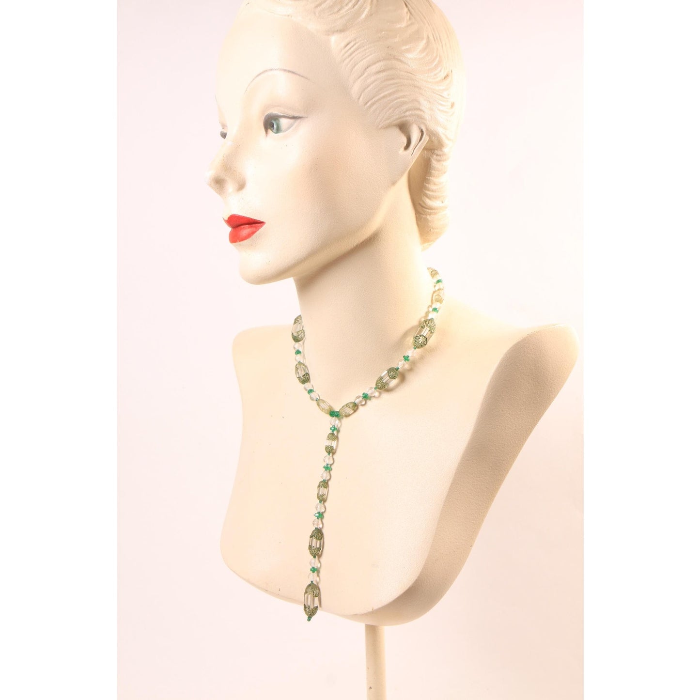 1930s Clear Glass and Green Floral Etched Art Deco Drop Chain Necklace