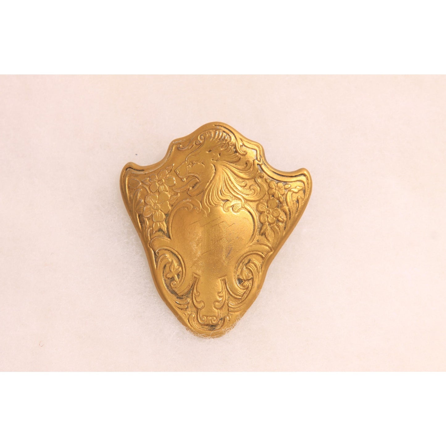 Antique 1800s Victorian Gold Tone Metal Lion Shield Initial Brooch