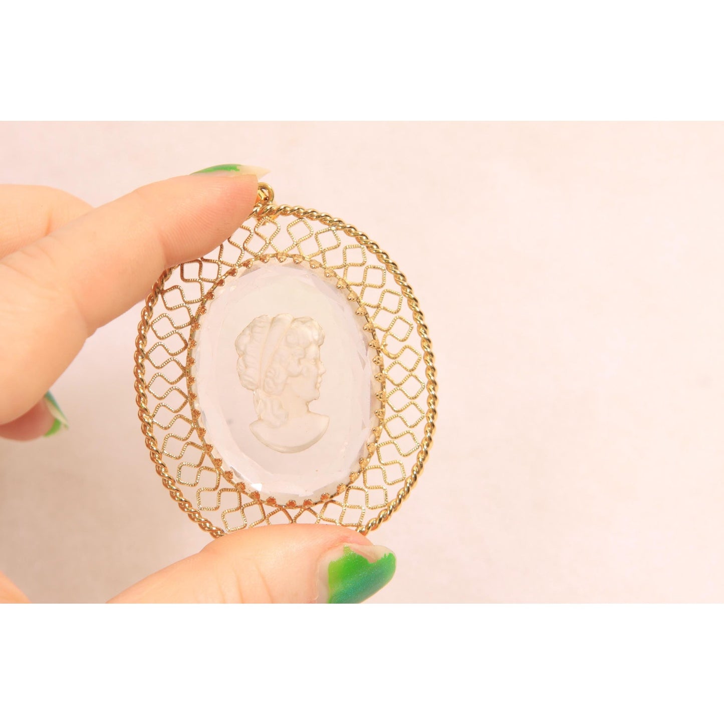 1950s 1960s Gold Tone Metal and Clear Glass Etched Cameo Necklace Pendant
