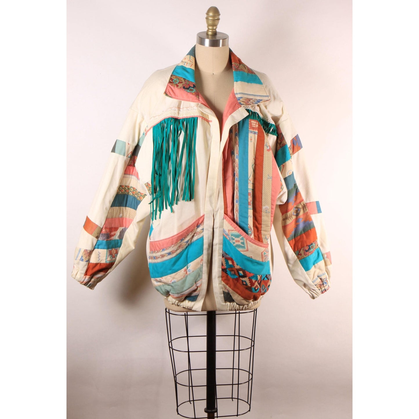 1980s Multi-Colored Cream, Teal Blue Green, Pink and Tan Patchwork Quilt Fringe Open Front Southwestern Coat -L-XL