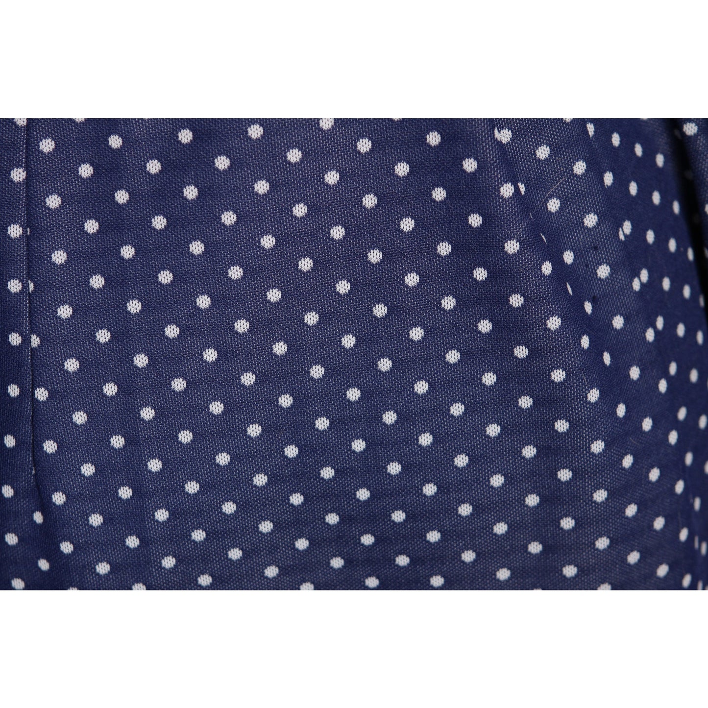 1970s Navy Blue and White Polka Dot Long Sleeve Pocketed Button Up Front Polyester Dress -L
