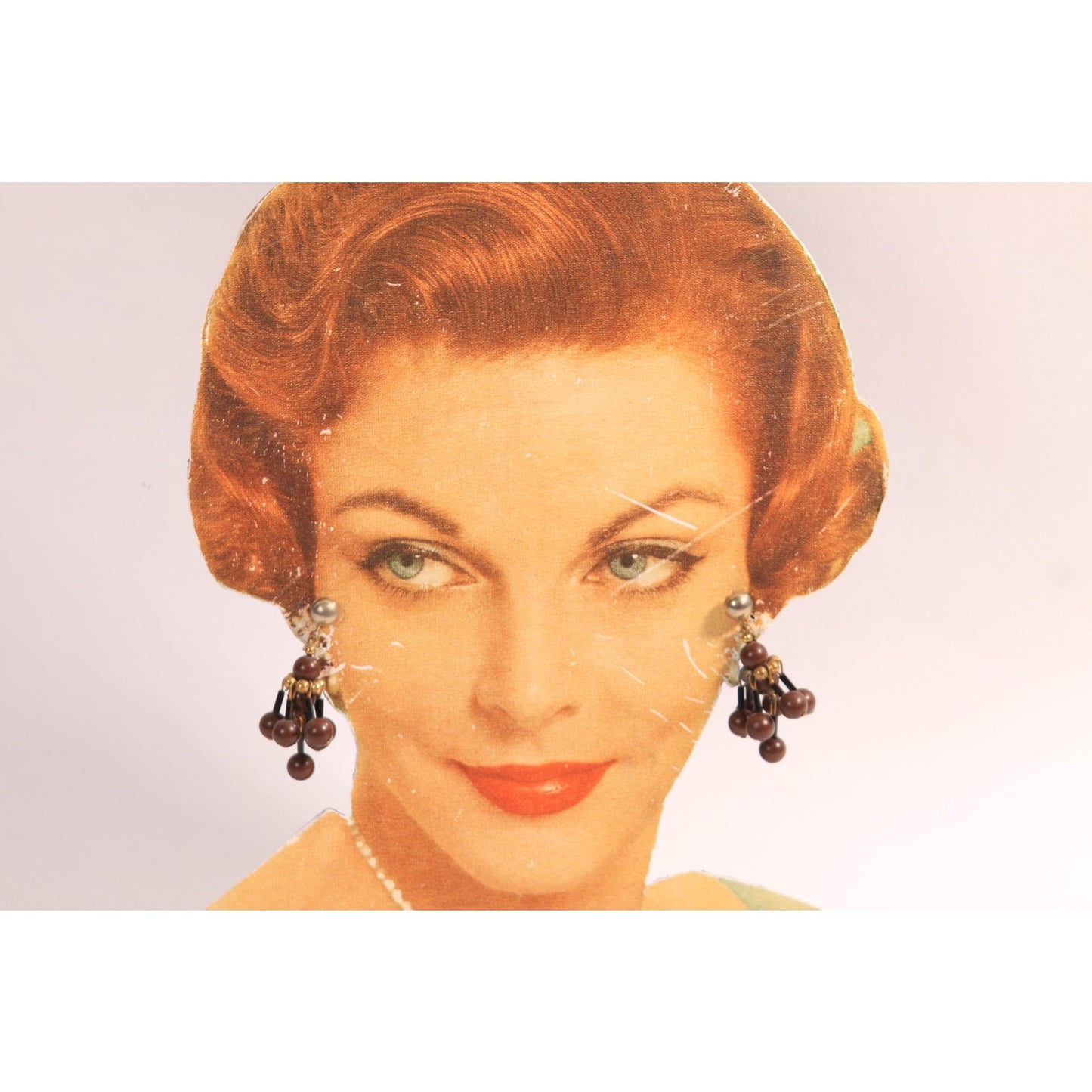 1970s Brown and Brass Tone Beaded Dangling Clip On Earrings