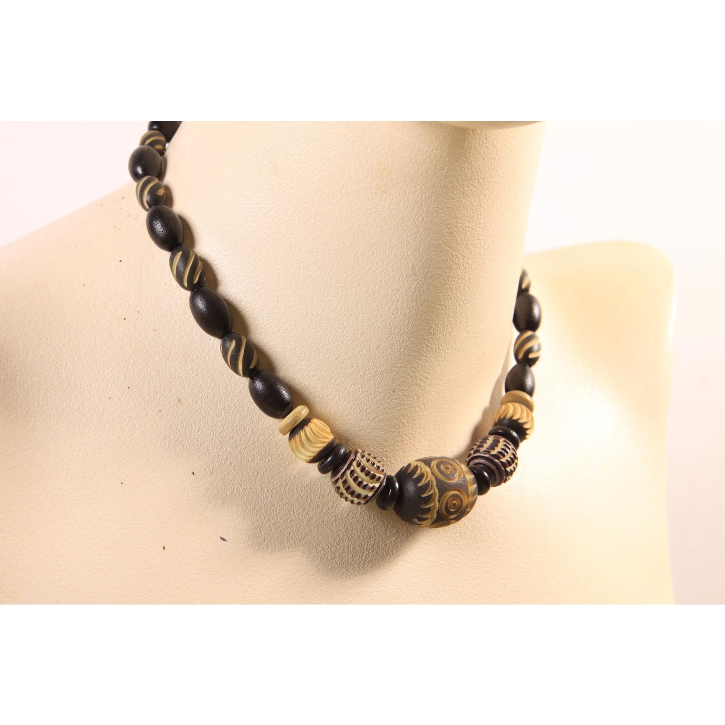 1920s 1930s Black and Cream Carved French Galalith Beaded Art Deco Necklace