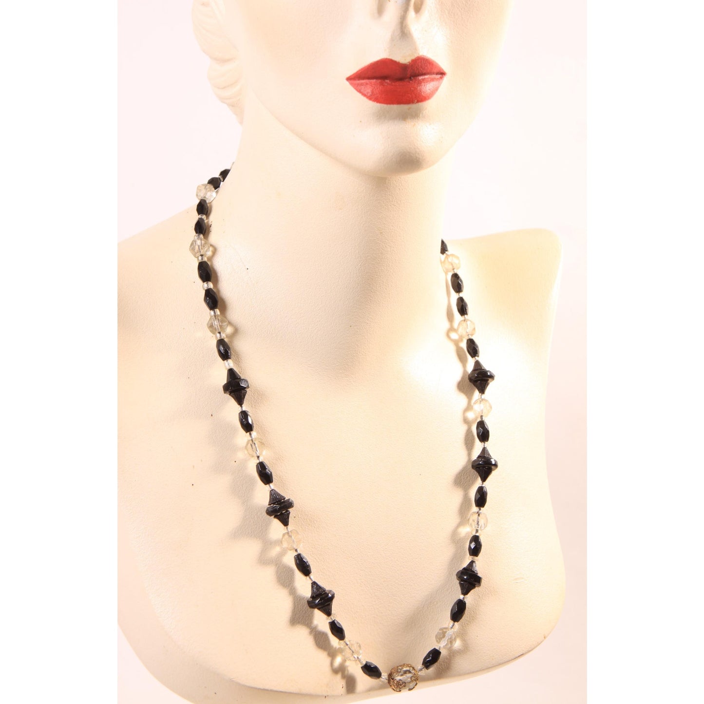 1940s 1950s Black and Clear Glass Faceted Beaded Necklace