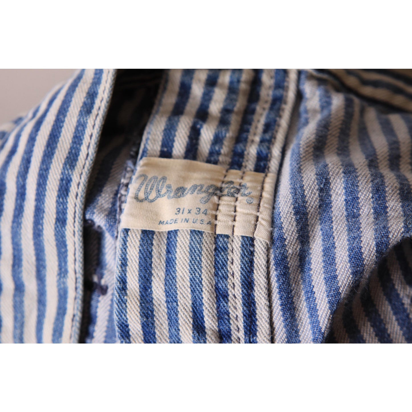 1970s Blue and White Striped Novelty Help and Love Patchwork Patch Railroad Jeans by Wrangler -31x34