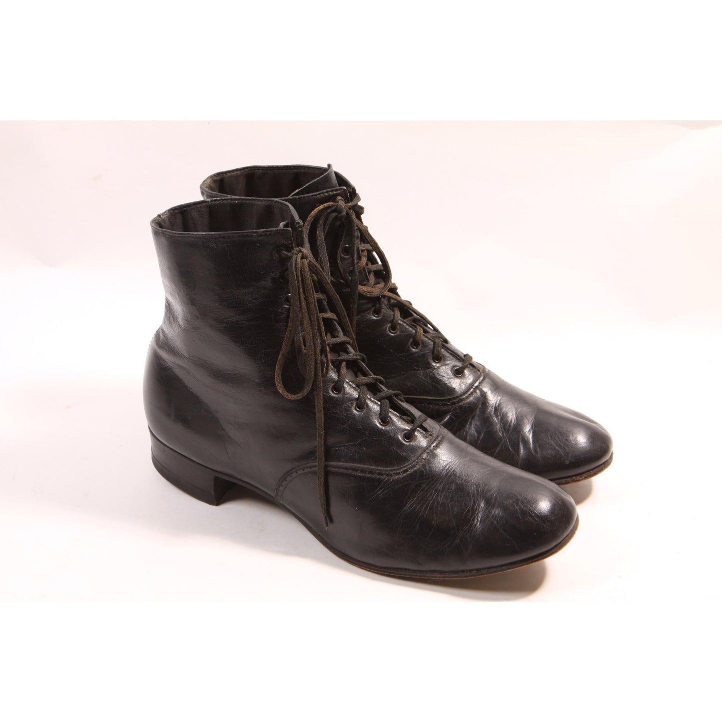 Antique 1900s 1910s Black Leather Lace Up Edwardian Boots