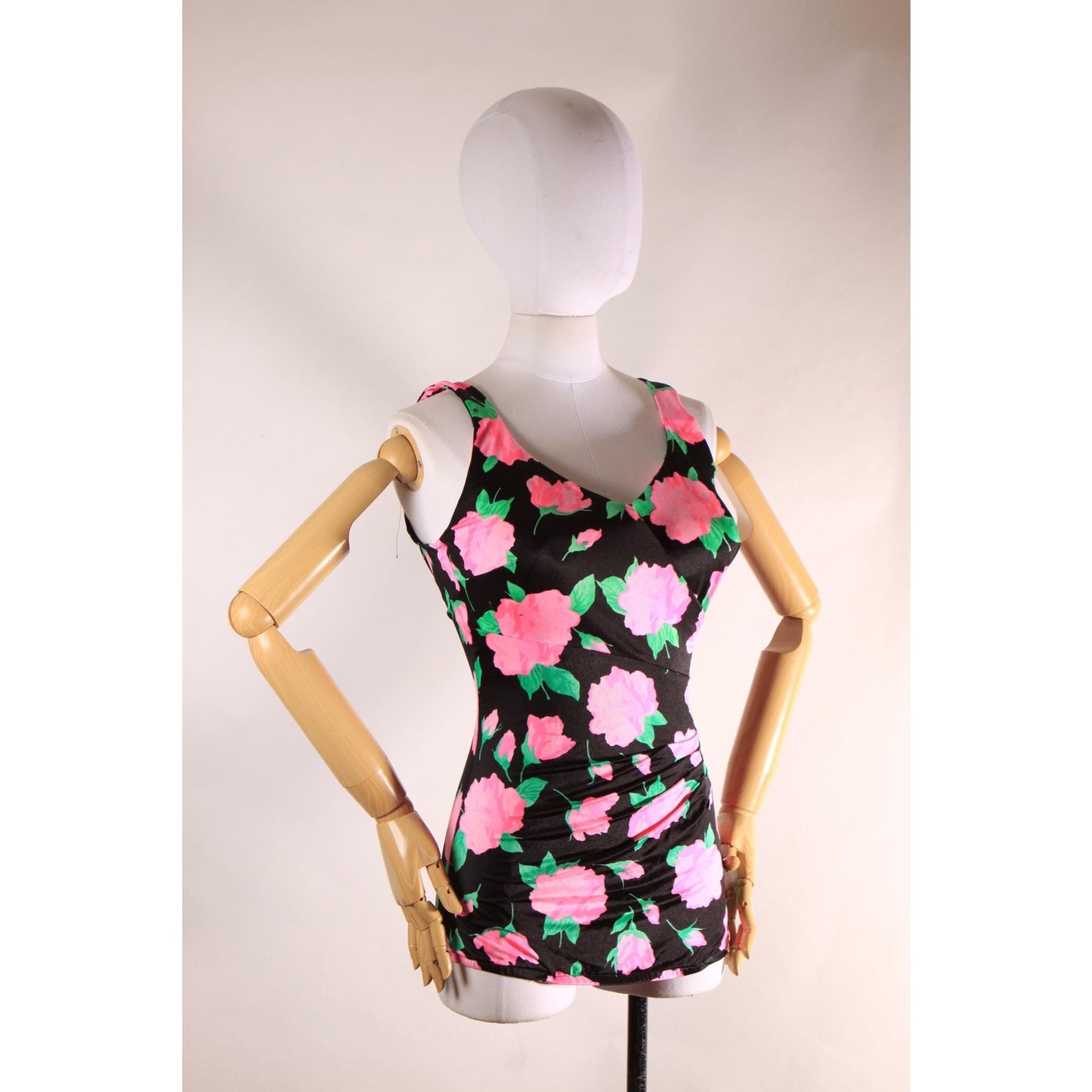 1970s 1980s Black, Pink and Green Floral One Piece Swimsuit by Maxine of Hollywood -M-L