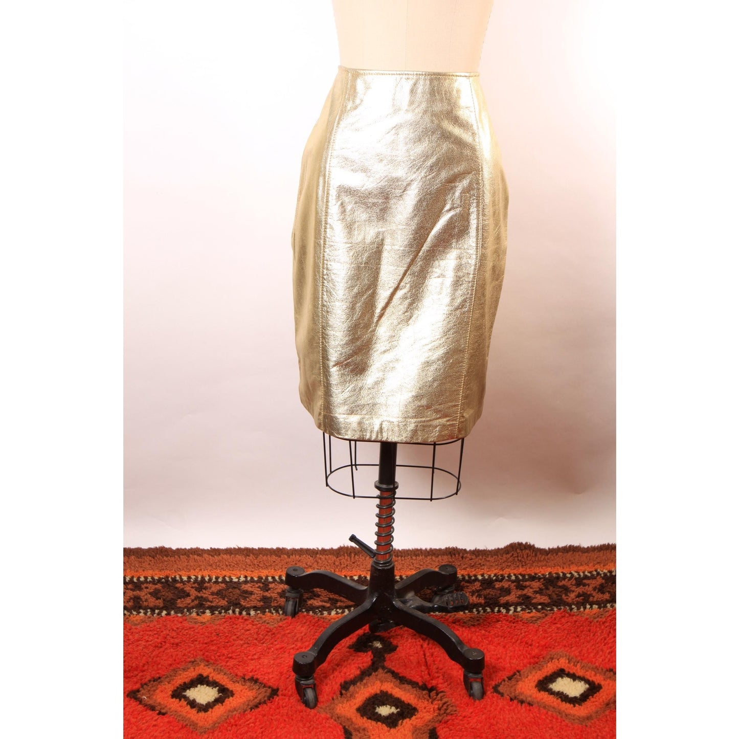 Deadstock 1980s Gold Metallic Leather Pencil Skirt -Size 14