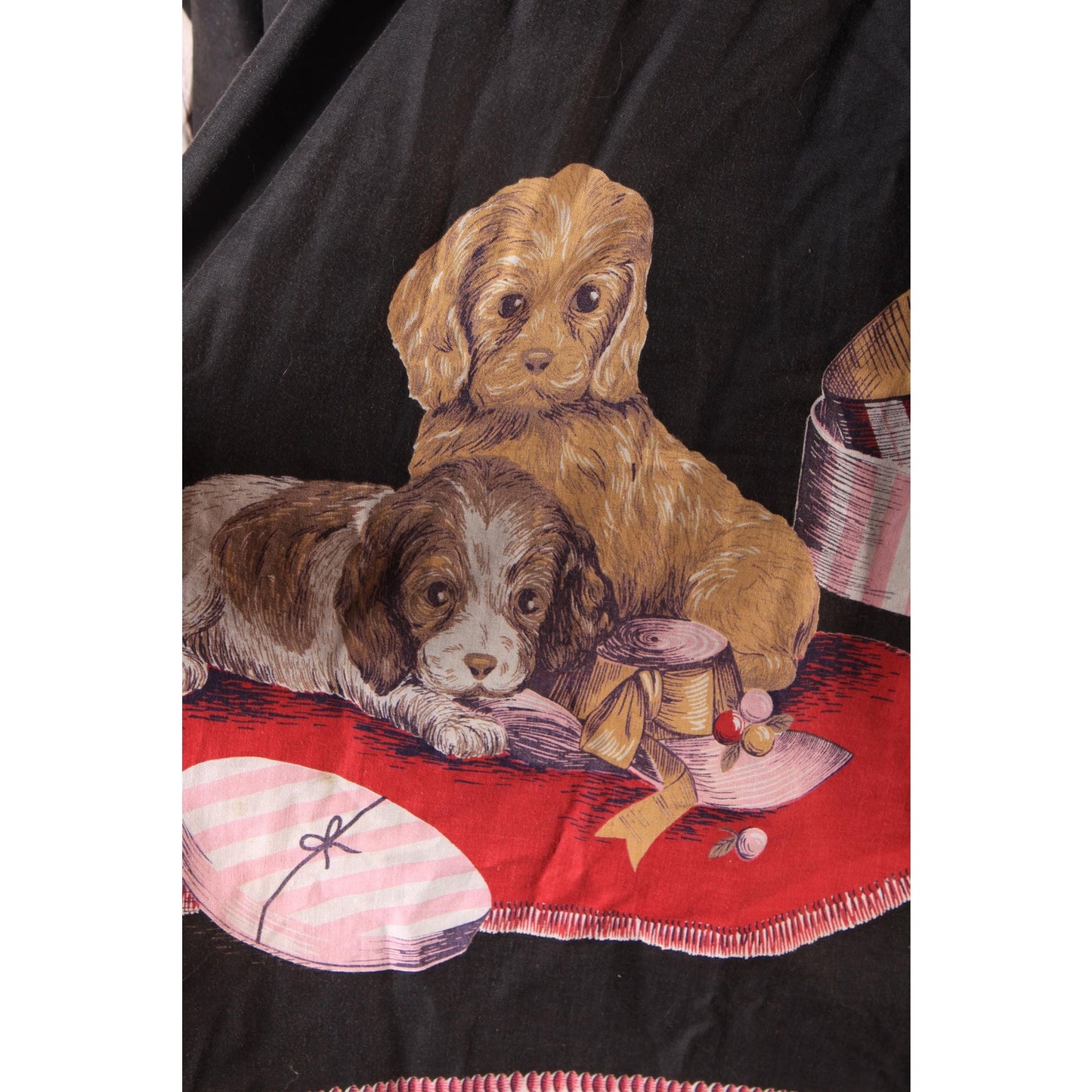 1950s Novelty Puppies and Presents Black Long Sleeve John Wolf Print Blouse Smock Top -XL