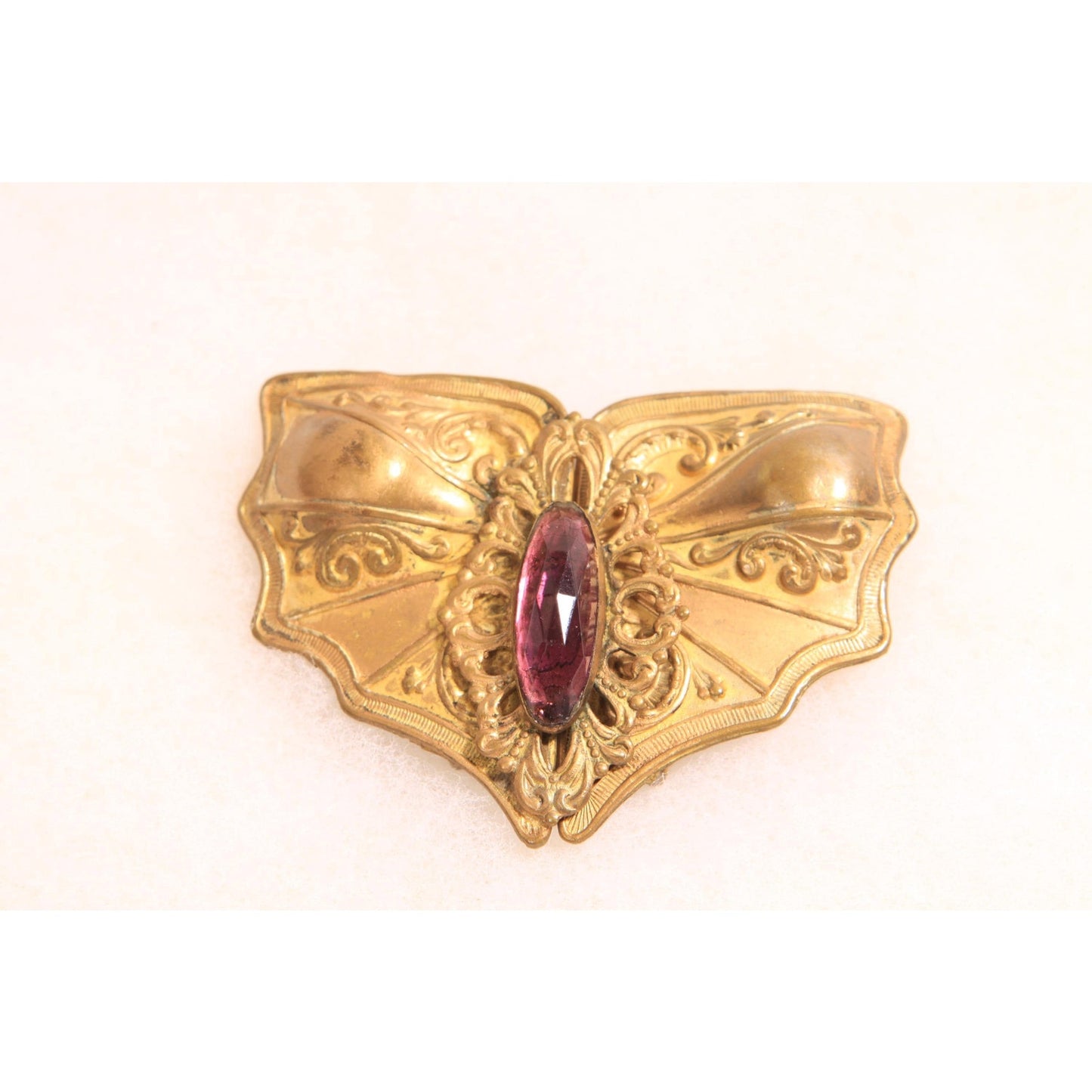 1930s Art Nouveau Gold Tone Metal Purple Stone Gothic Bat Wing Belt Buckle