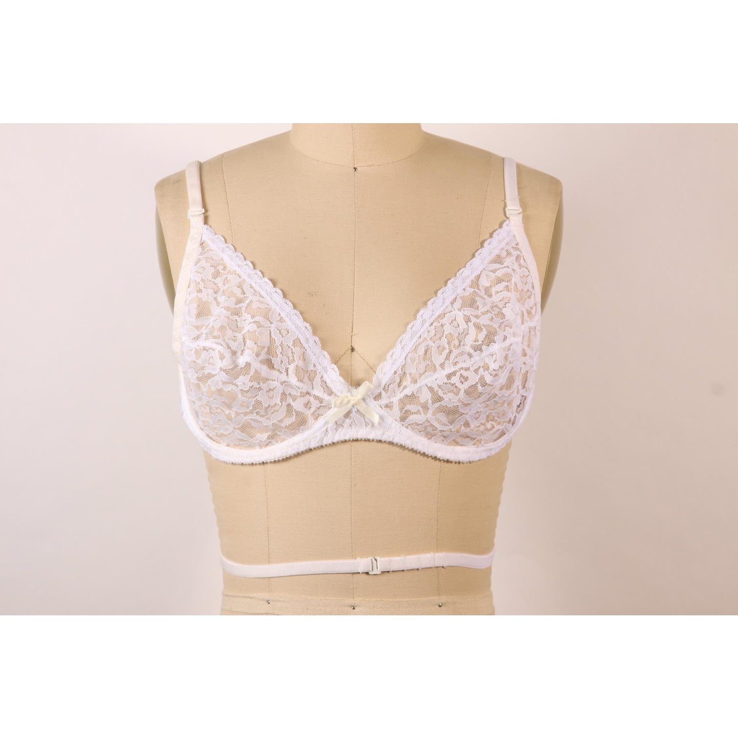 1970s Sheer White Floral Lace Bow Detail Underwire Criss Cross Low Cut Back Bra by Fredericks of Hollywood-38C