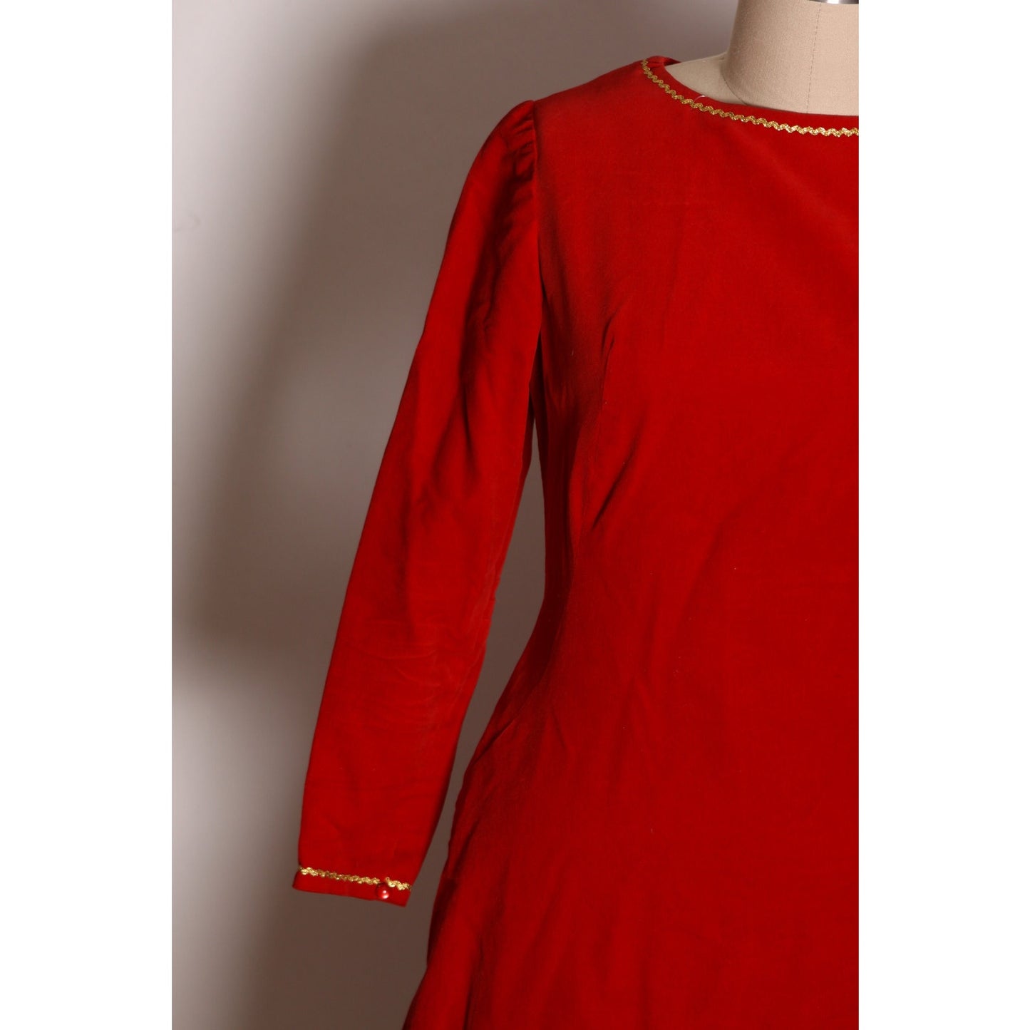 1960s Red Velvet 3/4 Length Sleeve Gold Trim Flared Christmas Dress -XS