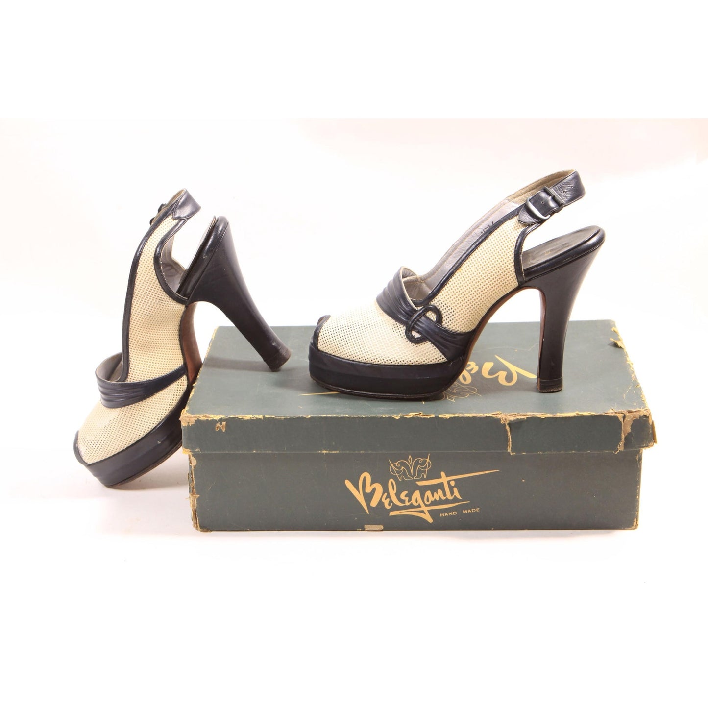 1940s Black and White Open Toe Buckle Detail Platform Pumps High Heels by Beleganti