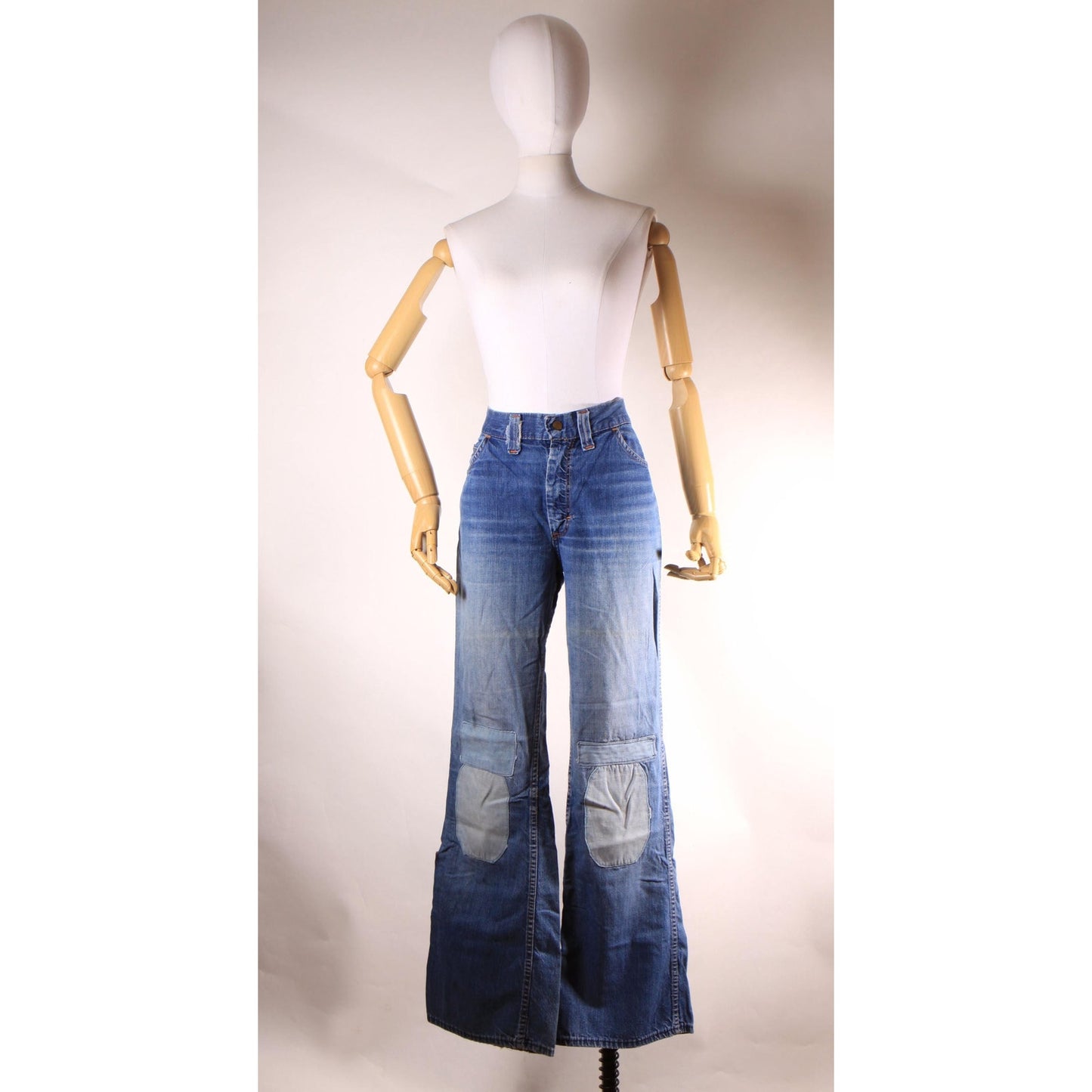 1970s Blue Denim Patchwork Patched Denim Jeans by Montgomery Ward