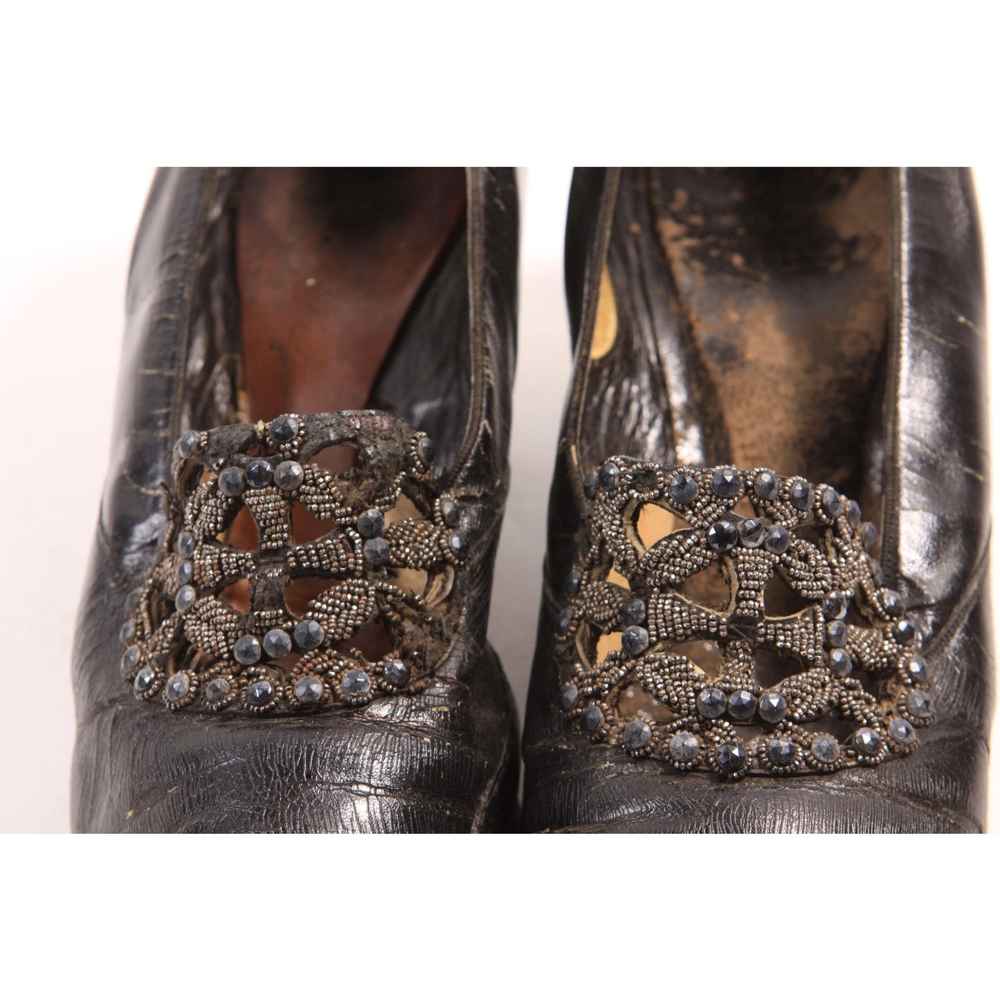 Antique 1920s Flapper Beaded Black Pointed Toe High Heel Pump Shoes