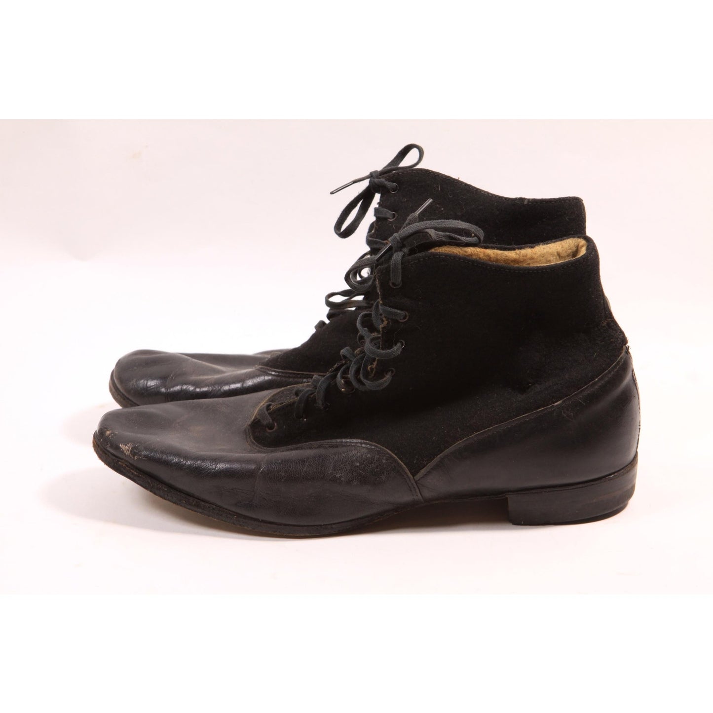 Antique 1800s Early 1900s Black Leather and Wool Felt Lace Up Boots