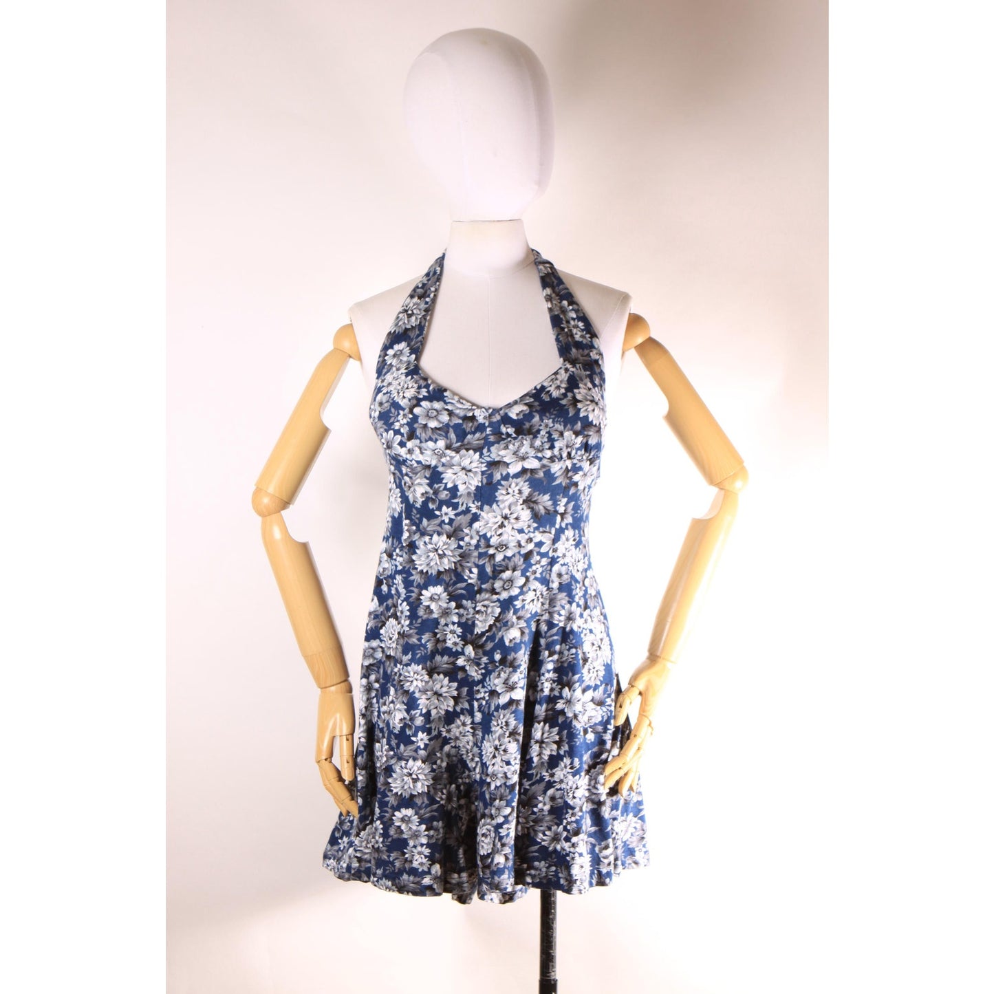 1990s Blue and White Floral Halter Top One Piece Romper by Energie -M
