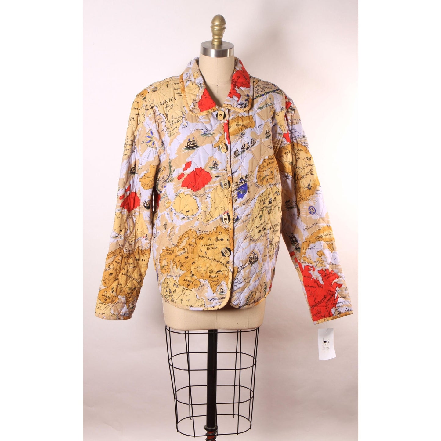 1980s 1990s Multi-Colored Novelty World Map Long Sleeve Quilted Jacket by Alex Kim by Allure -M