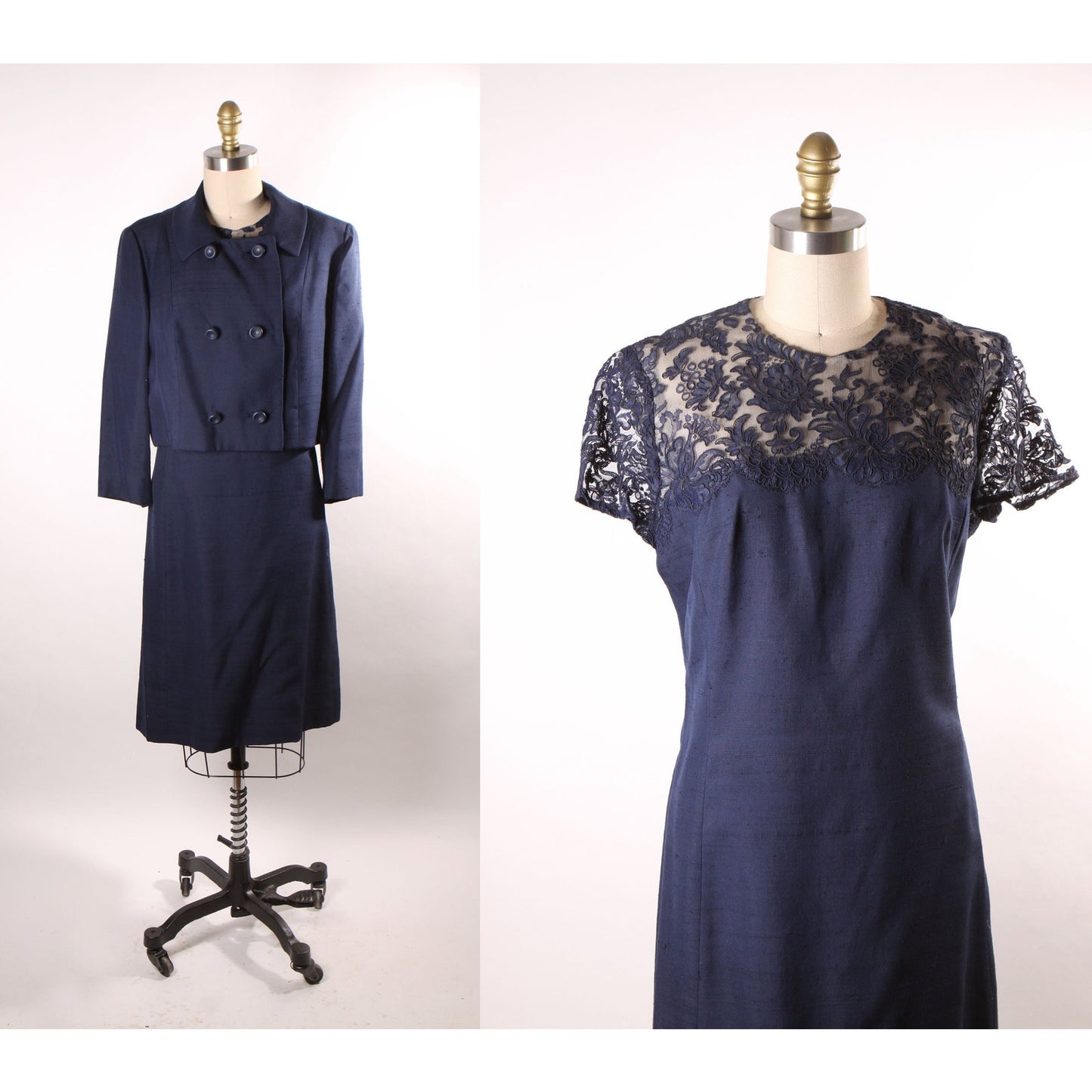 1960s Navy Blue Short Sleeve Sheer Lace Overlay Shift Dress with Matching Long Sleeve Jacket Two Piece Outfit Dress Suit -M-L