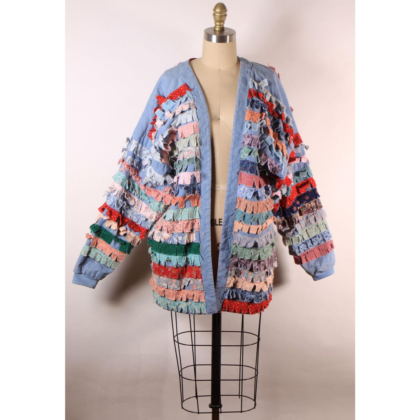 1980s Blue Chambray Multi-Colored Patchwork Quilt Fringe Long Sleeve Open Front Jacket -M-XL