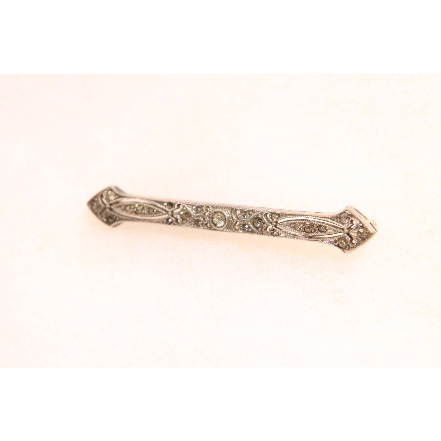 Antique 1920s Sterling Silver Marcasite Rhinestone Art Deco Bar Brooch
