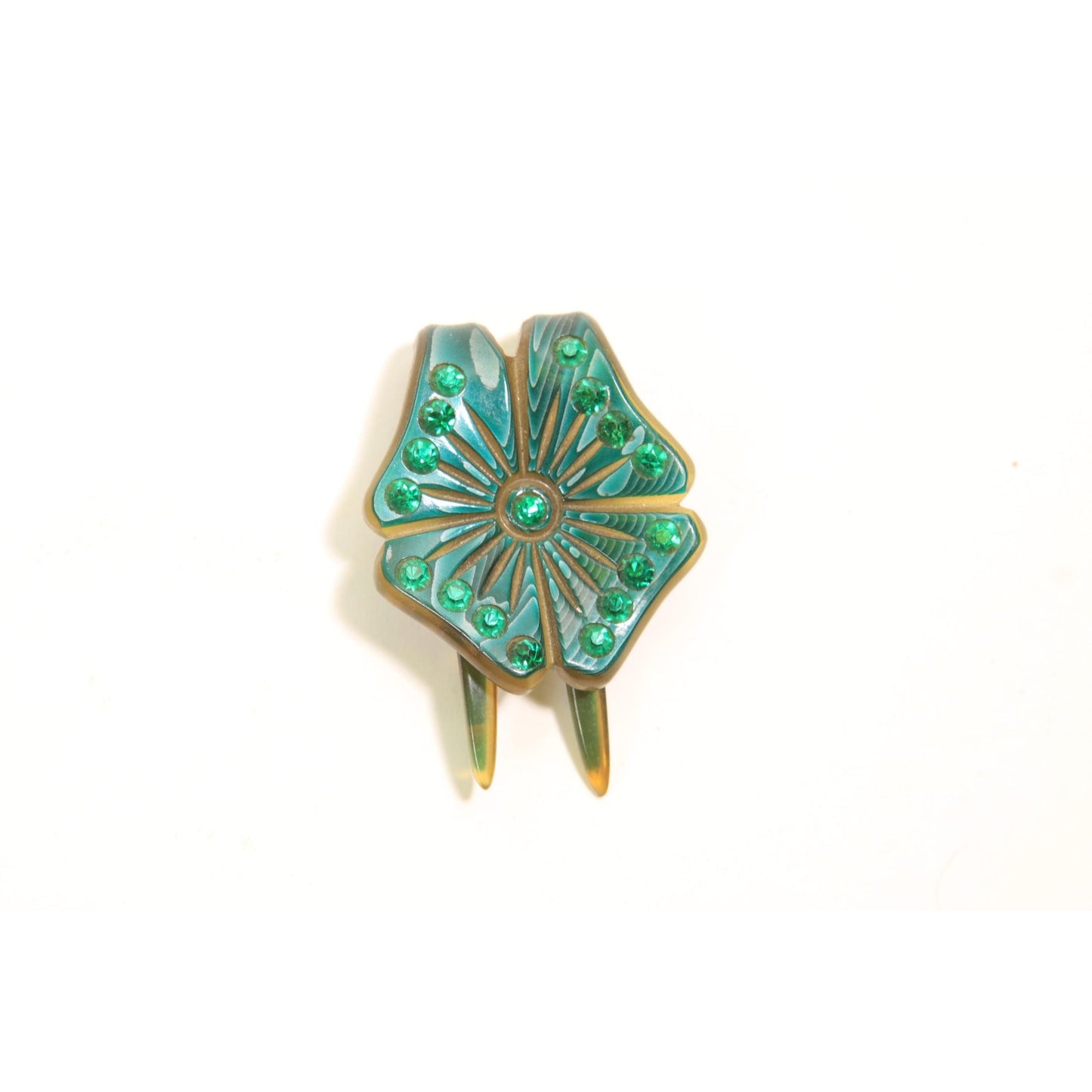 1930s Green Flower Floral Rhinestone Prong Hair Fork Comb