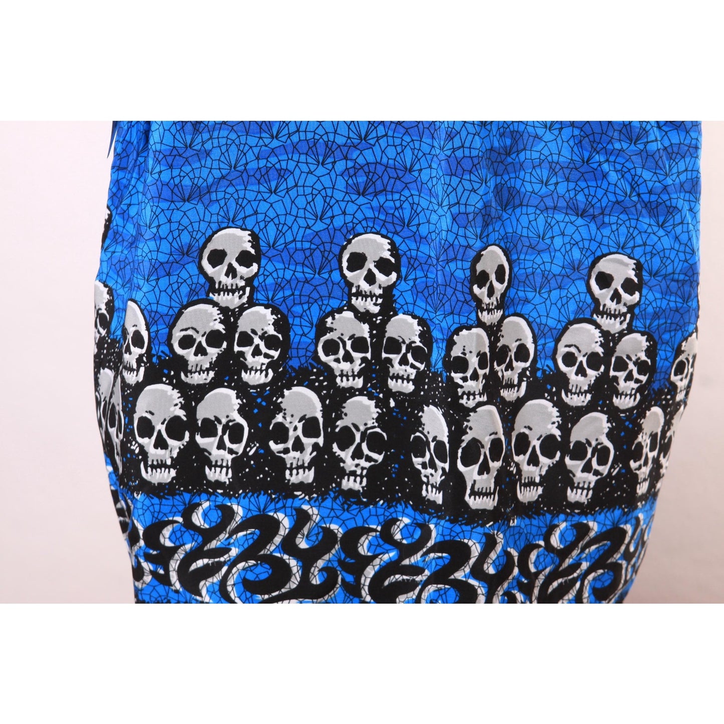 1990s Y2K Novelty Blue, Black and White Skull Border Print Button Down Mens Shirt by Extreme Gear -S
