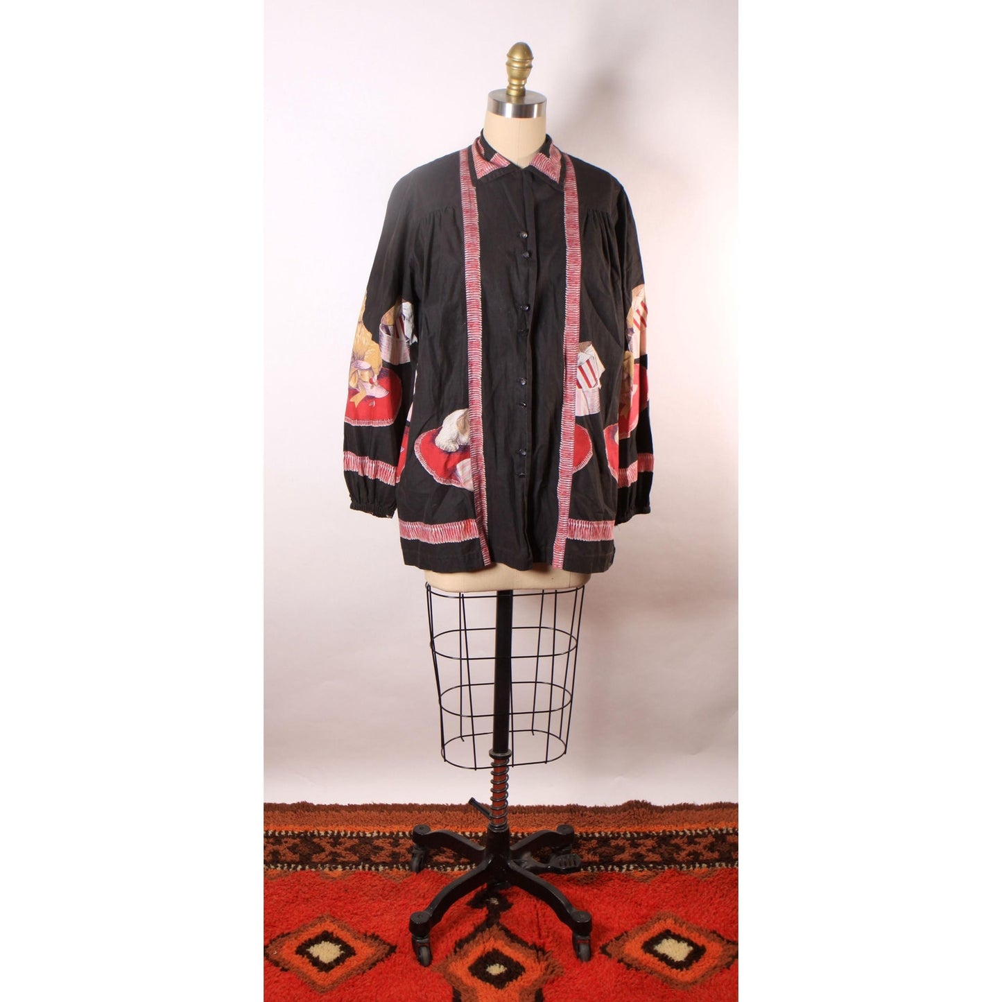 1950s Novelty Puppies and Presents Black Long Sleeve John Wolf Print Blouse Smock Top -XL