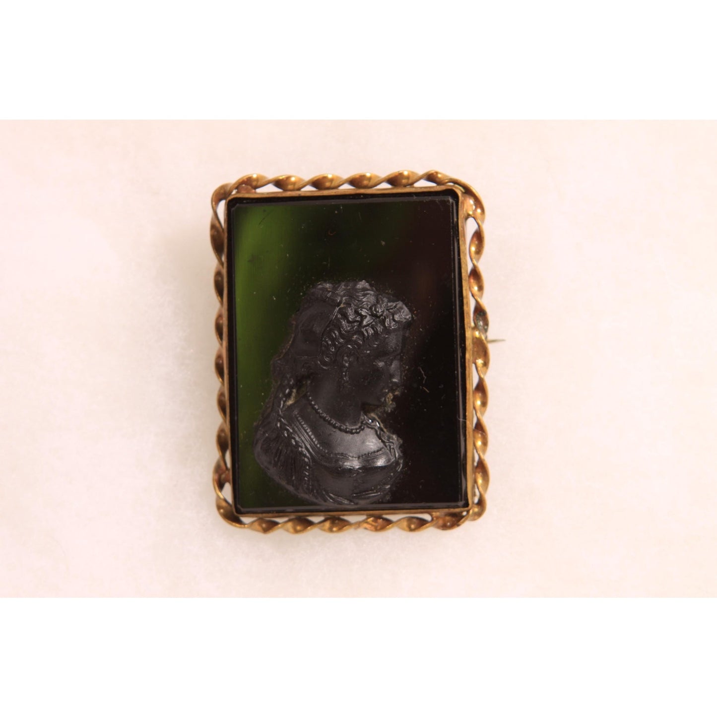 Antique Victorian 1800s Black Glass Cameo Square Gold Tone Metal Cameo Brooch