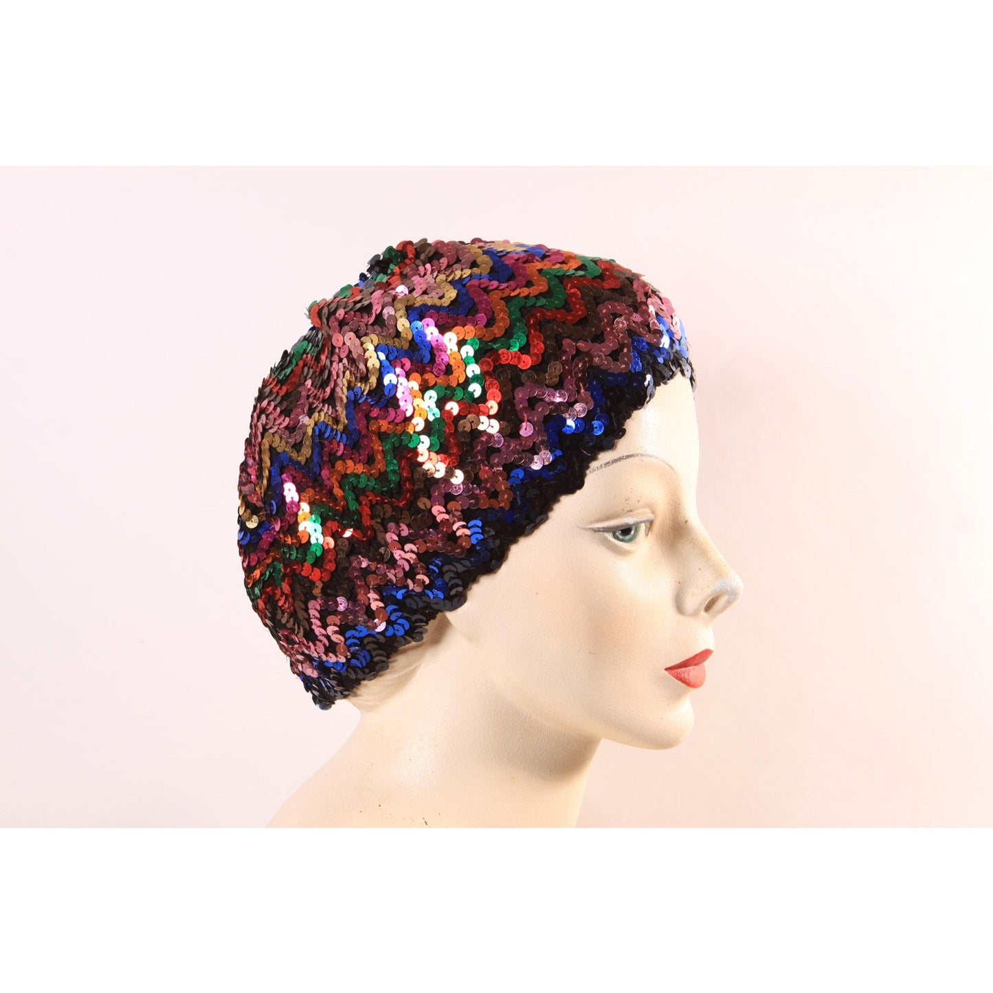 1970s 1980s Black and Multi-Colored Rainbow Sequin Slouchy Hat