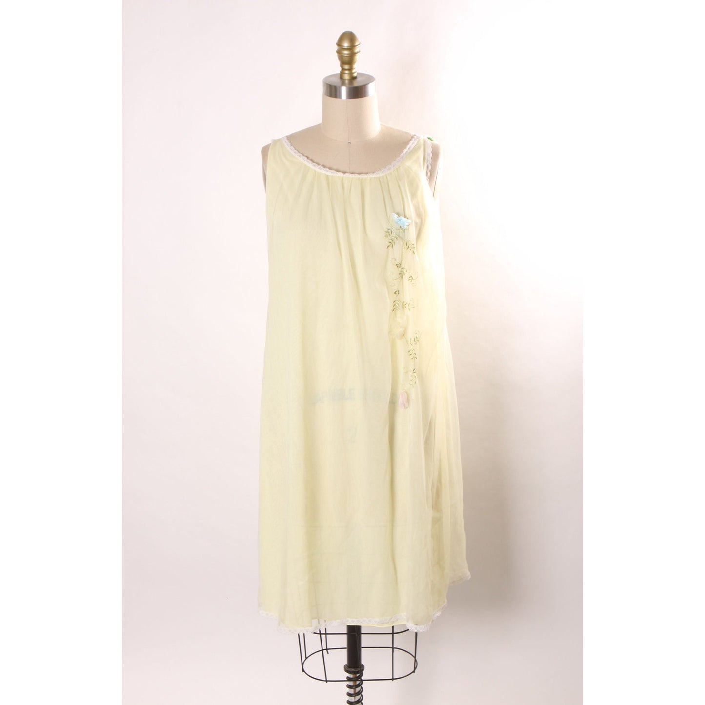 1950s 1960s Yellow, Green and Blue 3D Flower Floral Nylon Lingerie Night Gown by Nan Flower -L
