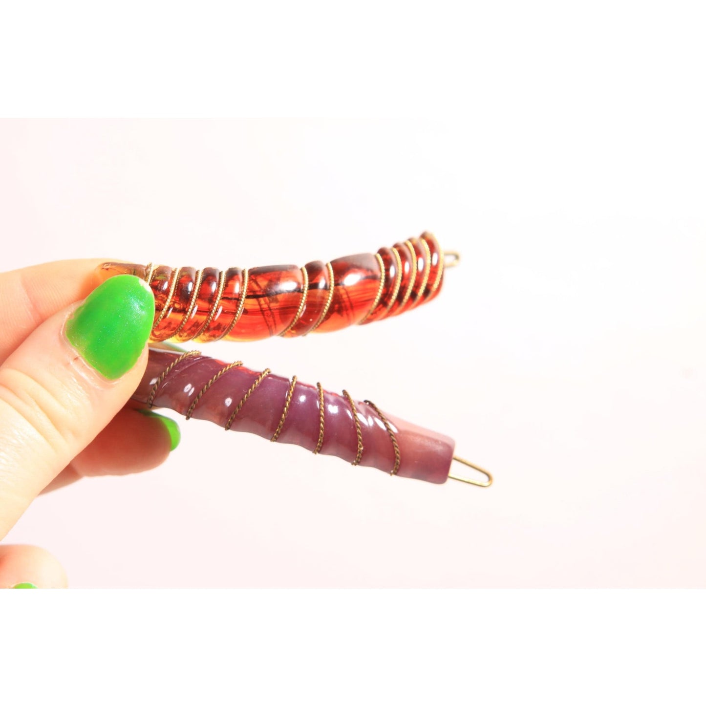 1940s 1950s Brown Tortoise and Purple Plastic Set of 2 Hair Barrette Clips