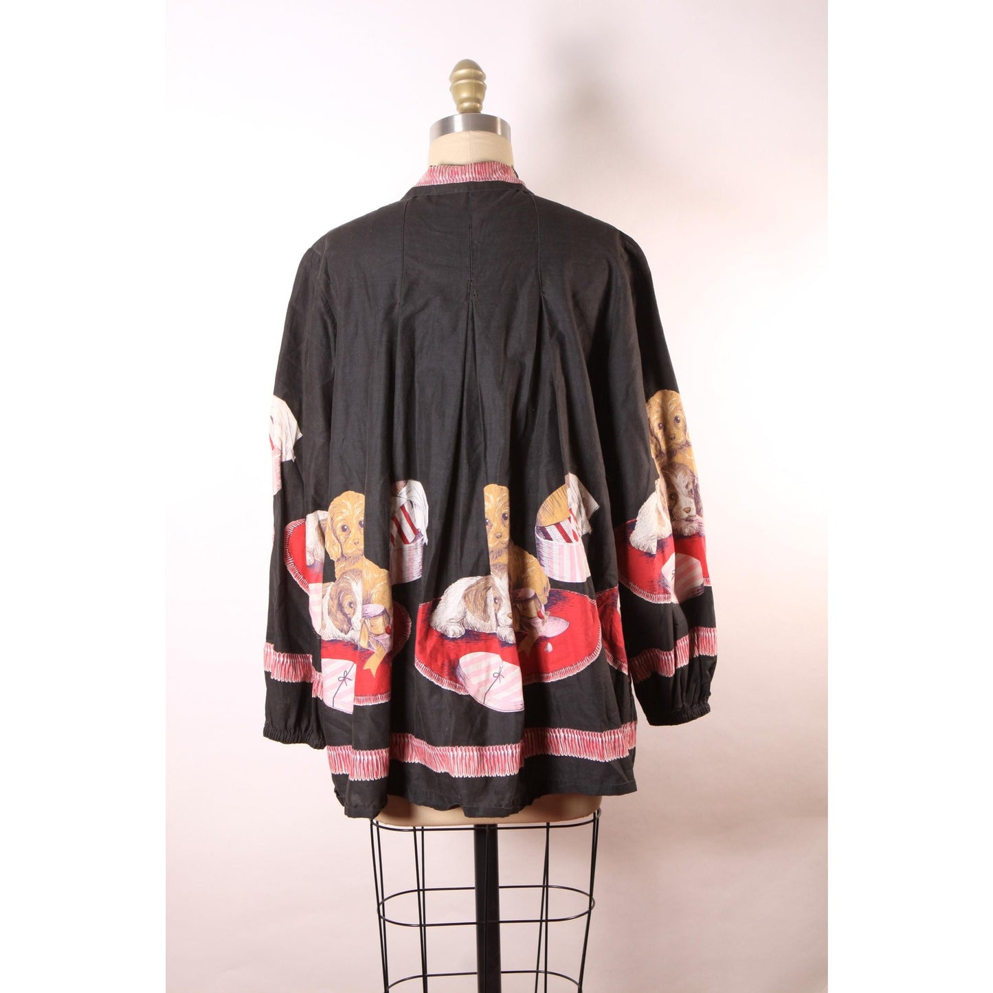 1950s Novelty Puppies and Presents Black Long Sleeve John Wolf Print Blouse Smock Top -XL