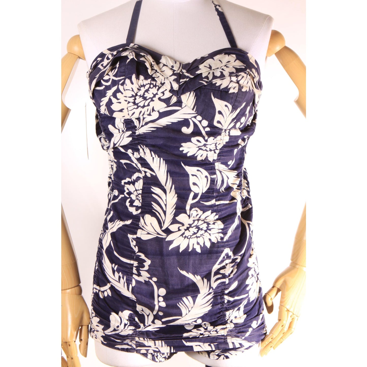 1950s Dark Blue and White Floral Hawaiian Ruched One Piece Swimsuit by Made in Hawaii -S